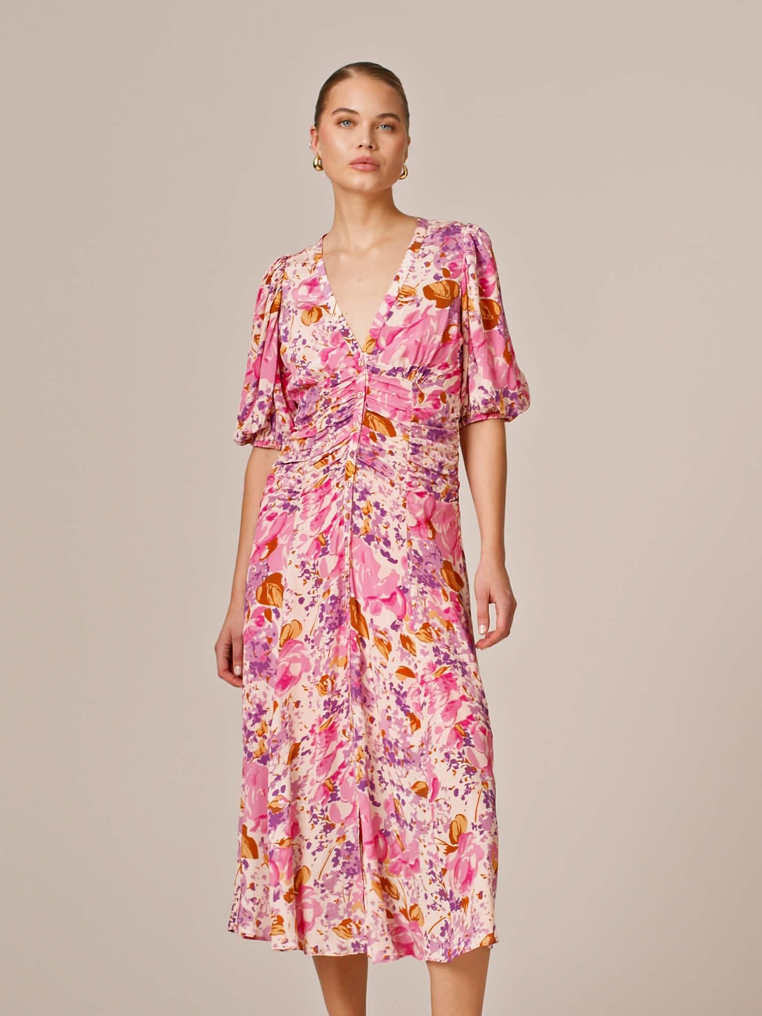 Crepe Button Down Gown - Watercolor Bloom