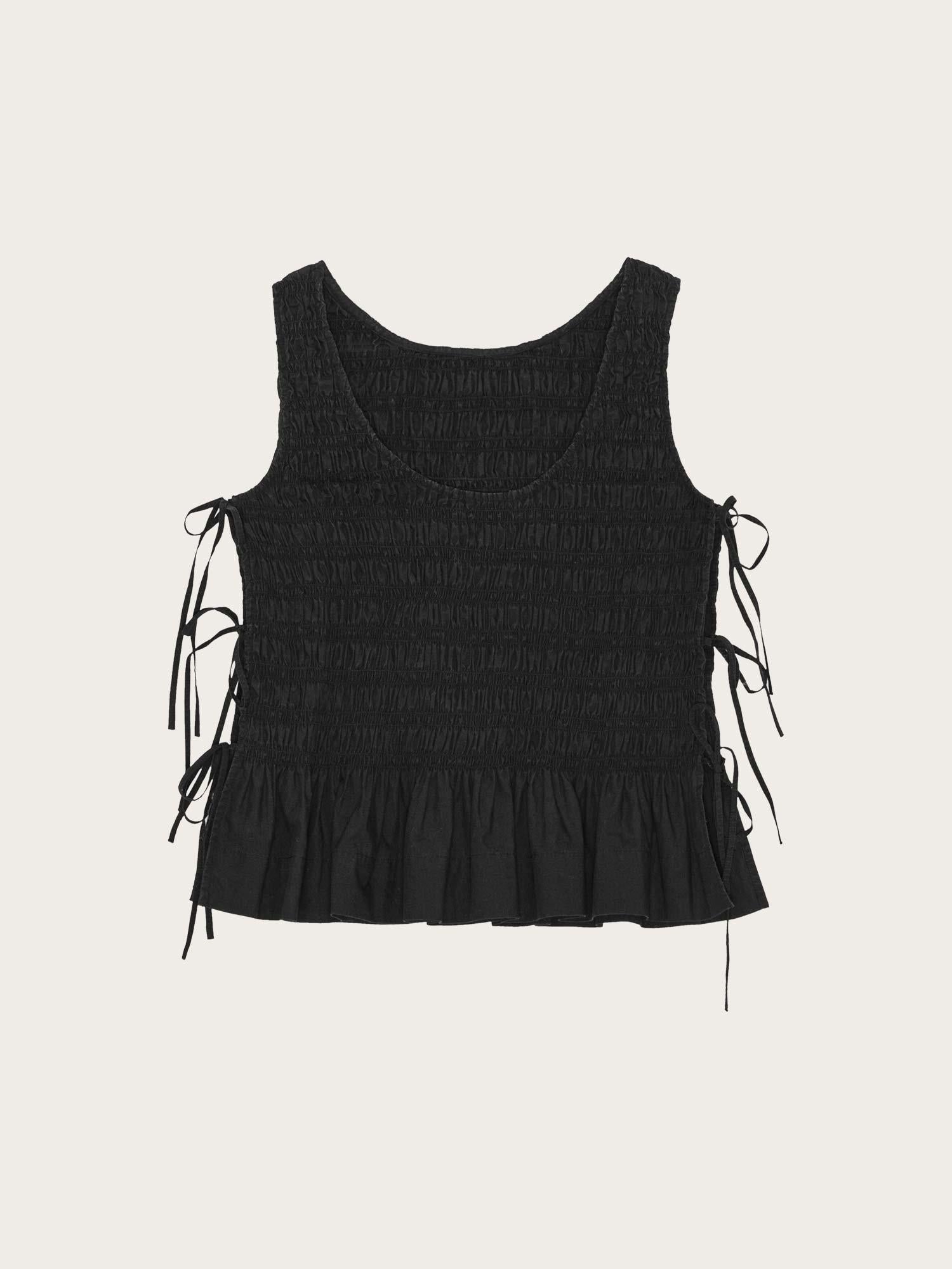 W0565 Cotton Poplin Smock Tie String Top - Black