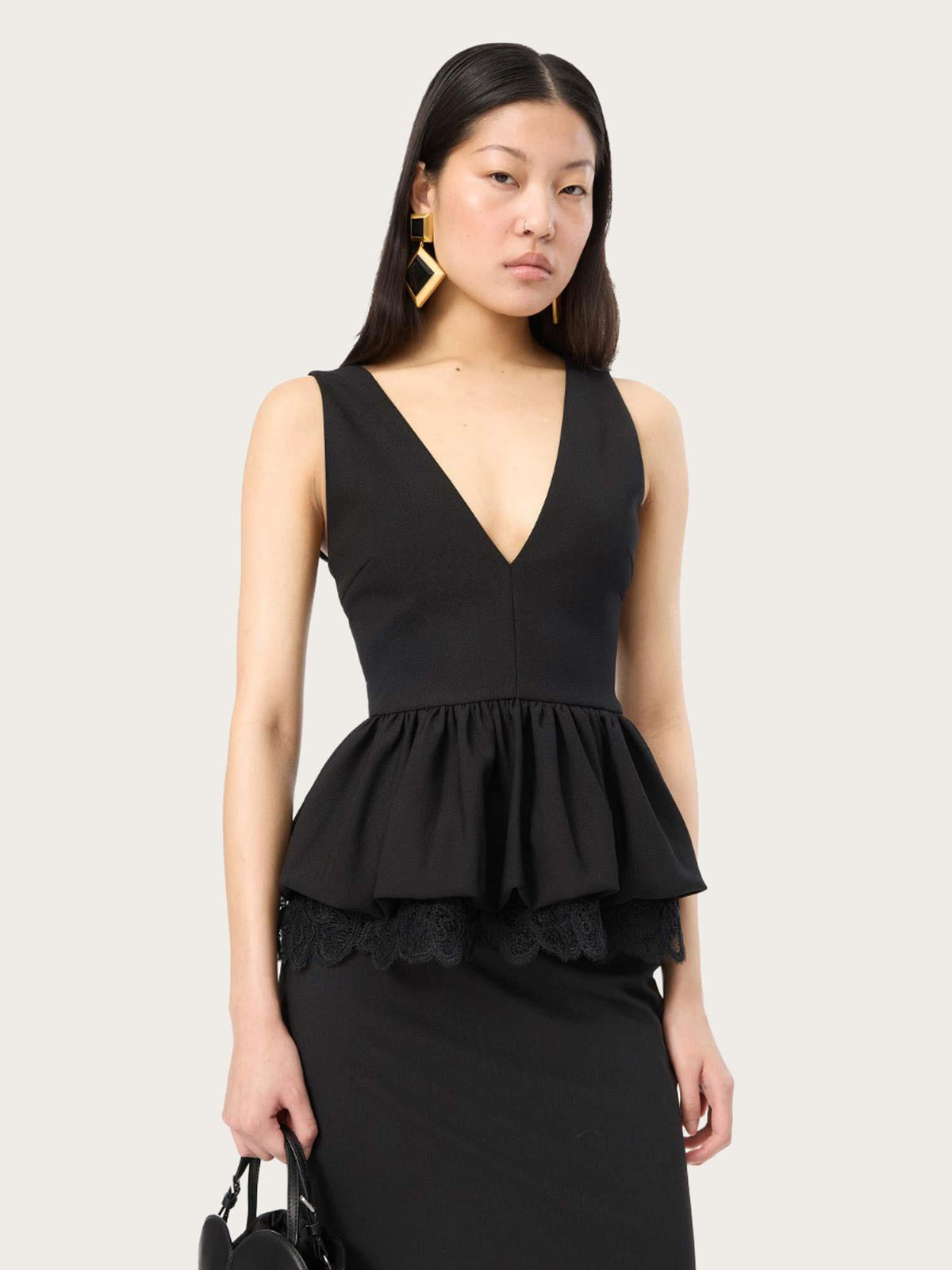V-Neck Peplum Top - Black