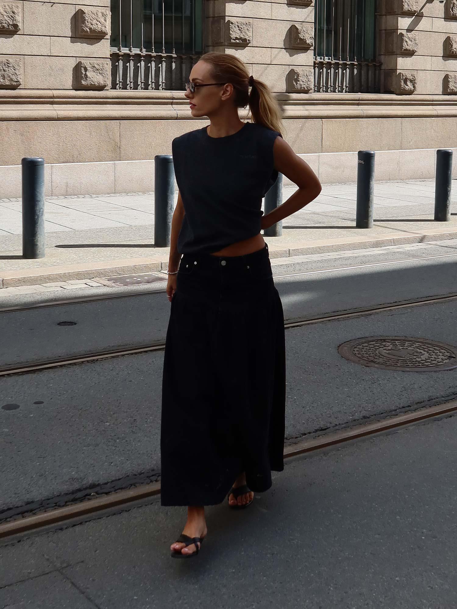 Broderie Anglaise Denim Midi Skirt - Black Washed