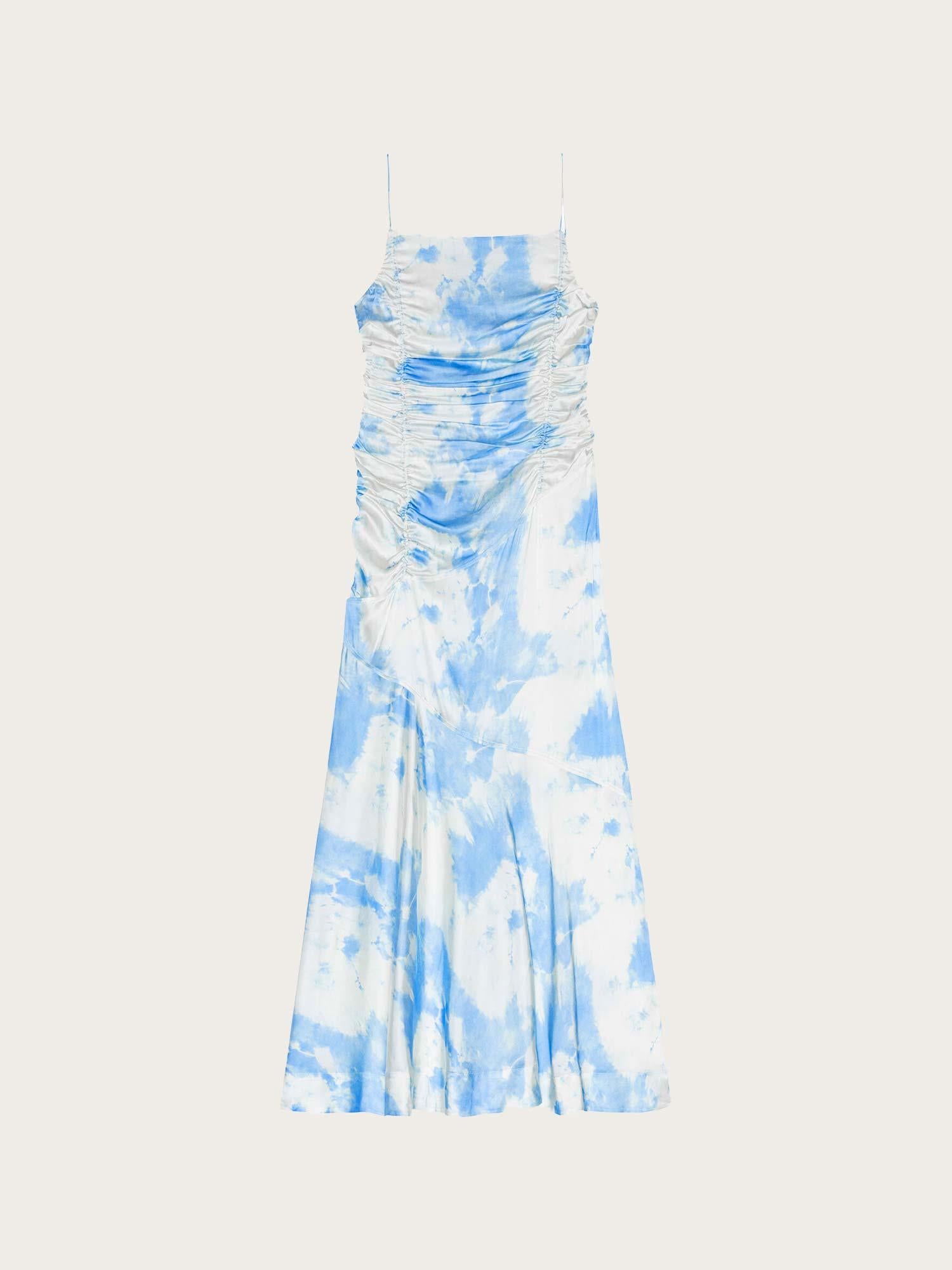 F9151 Printed Satin Ruched Long Slip Dress - Powder Blue