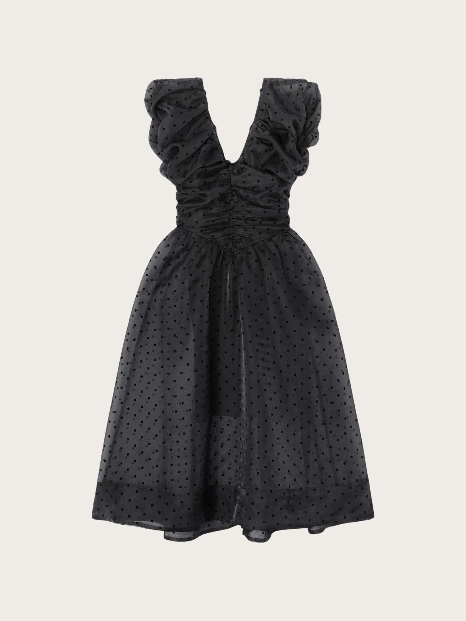 Flocked Organza Long Ruched Dress - Black