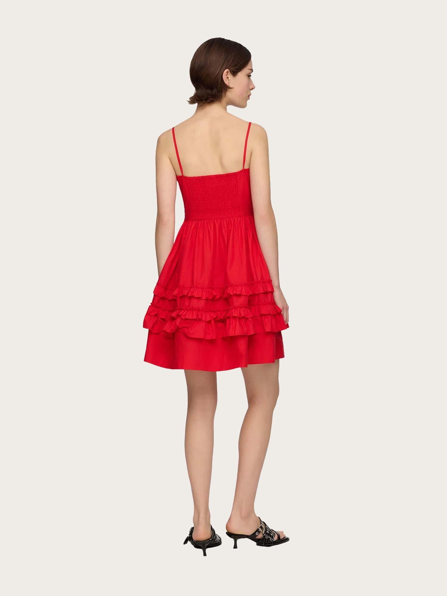Cotton Poplin Mini Strap Frill Dress - Racing Red
