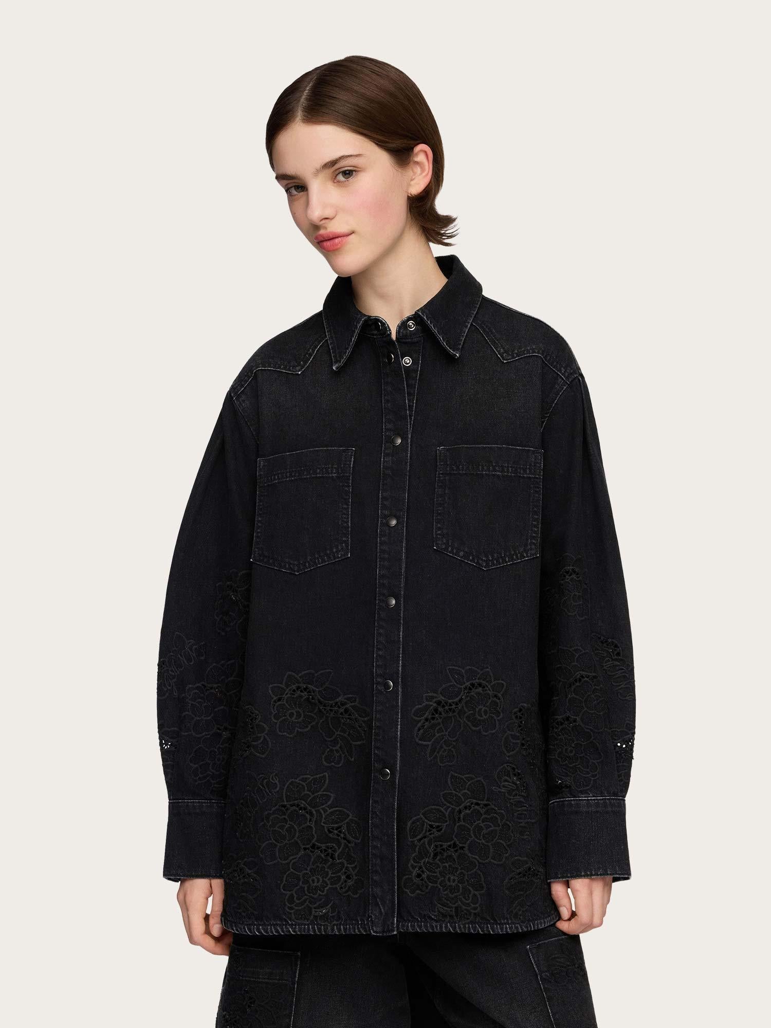 Broderie Anglaise Denim Loose Shirt - Black Washed
