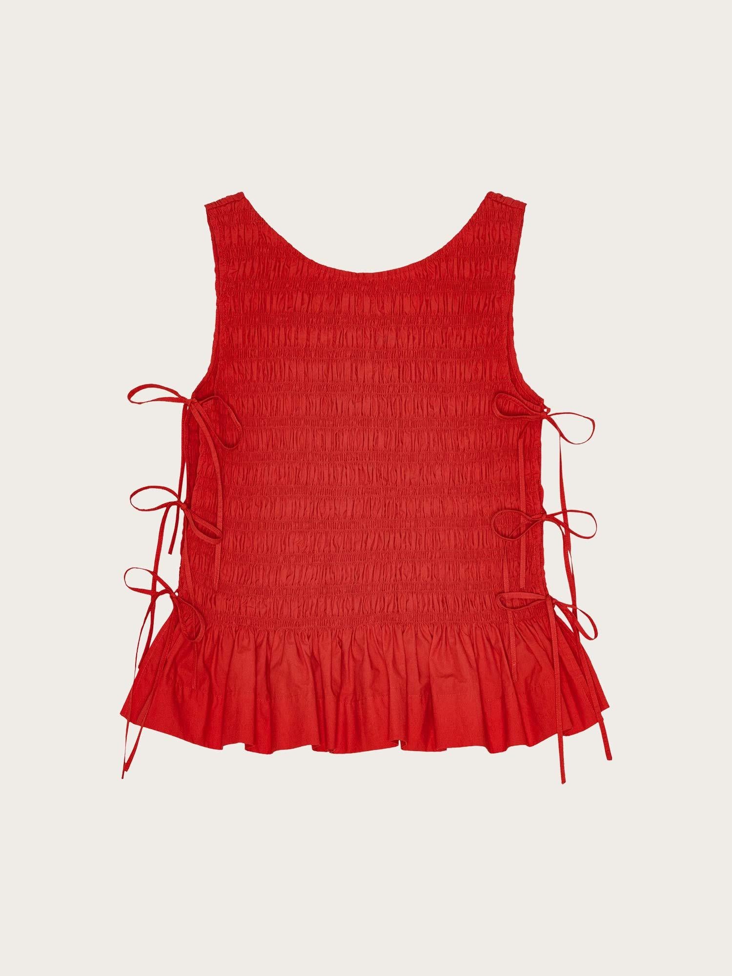 W0904 Cotton Poplin Smock Tie String Top - Racing Red