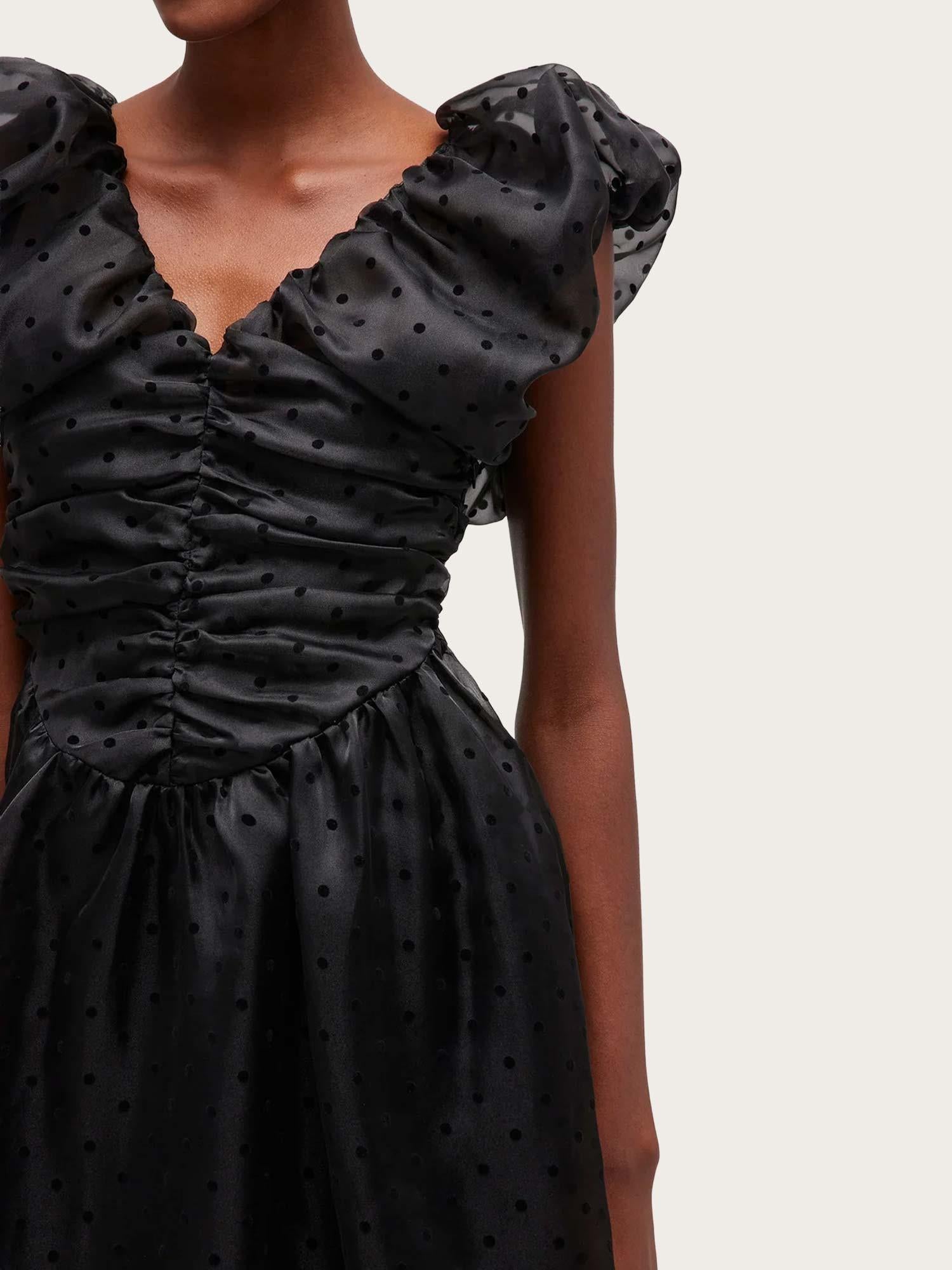 Flocked Organza Long Ruched Dress - Black