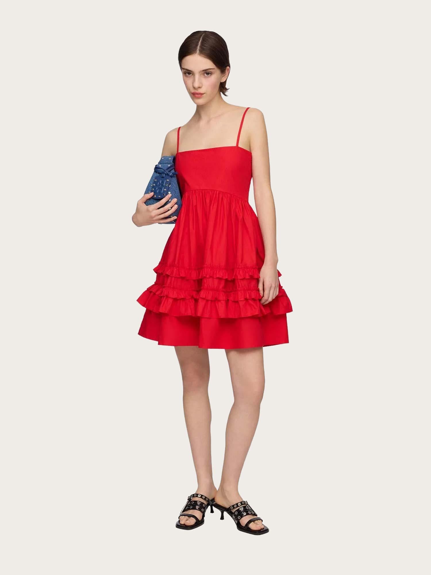 Cotton Poplin Mini Strap Frill Dress - Racing Red