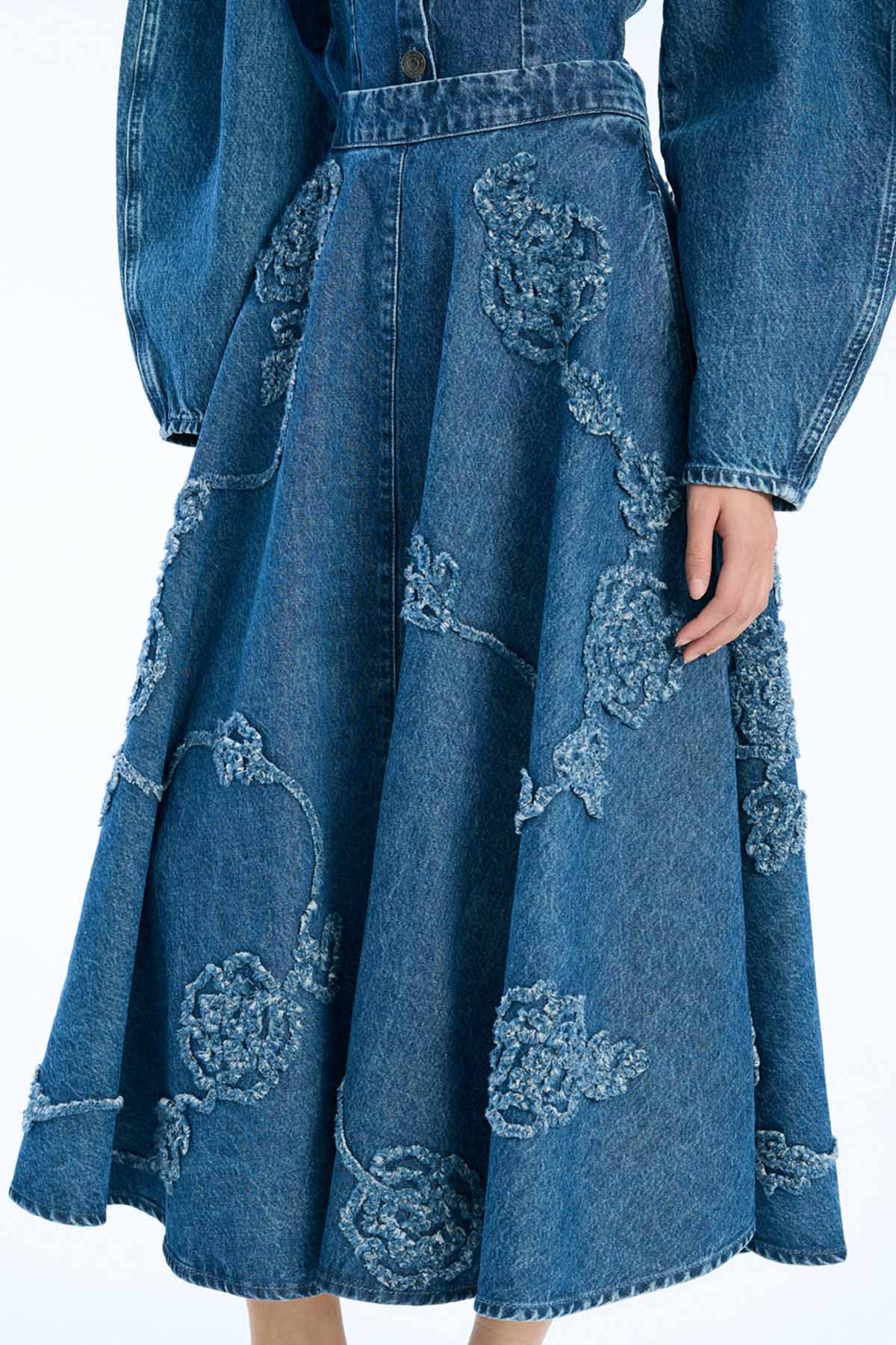 Denim Flower Midi Skirt - Medium Blue Denim