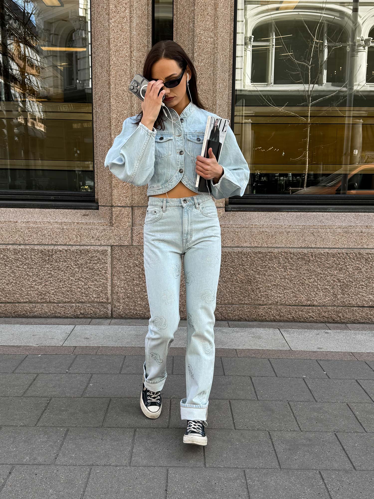 Washed Twill Stud Jeans - Light Blue Denim