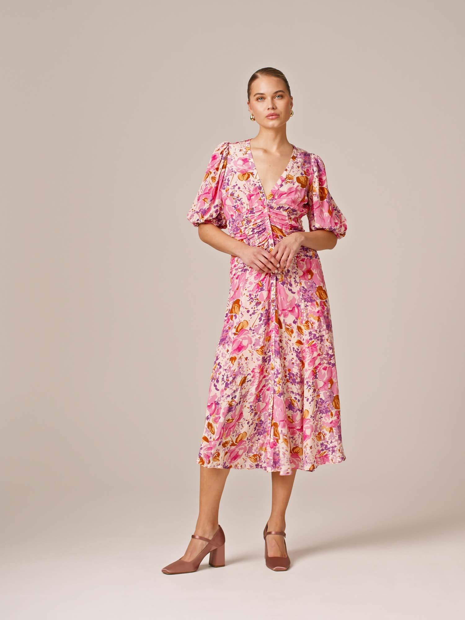 Crepe Button Down Gown - Watercolor Bloom