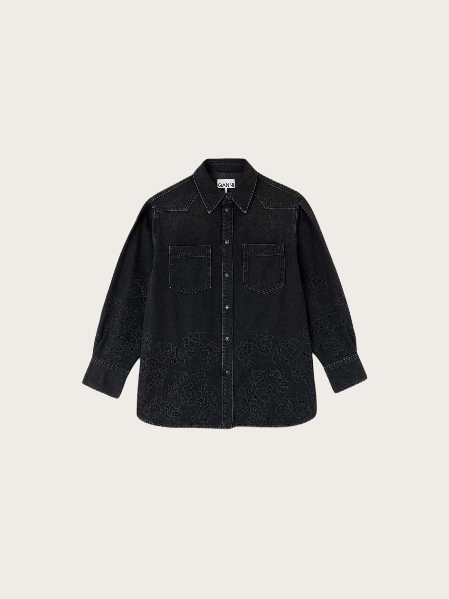 Broderie Anglaise Denim Loose Shirt - Black Washed