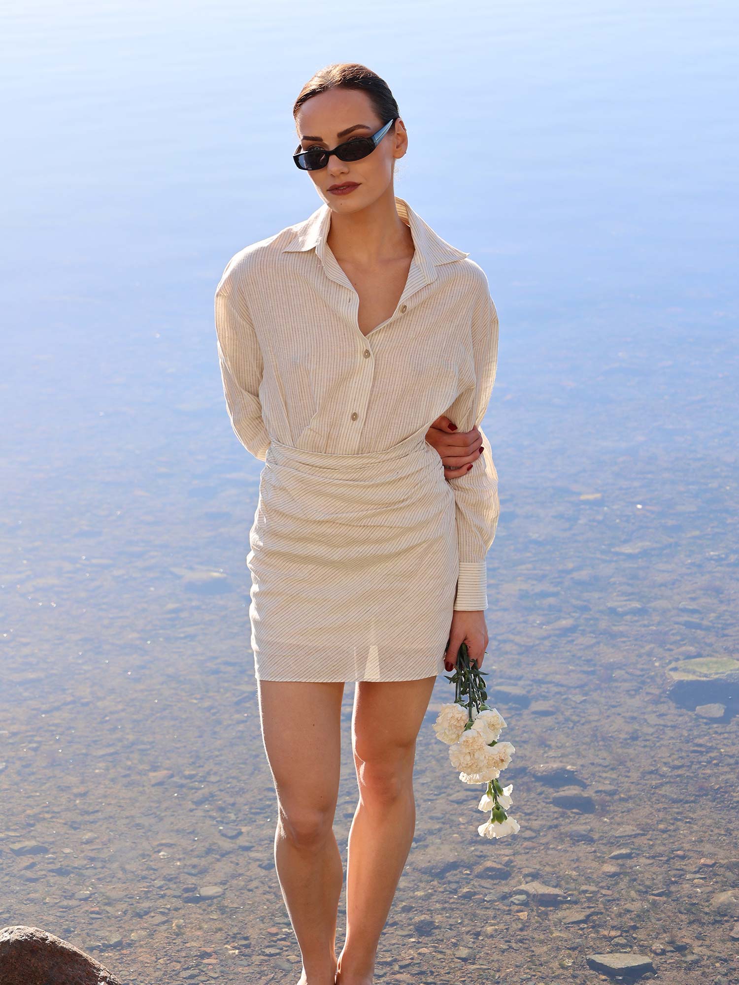 Laria Mini Dress - Beige Pinstripe