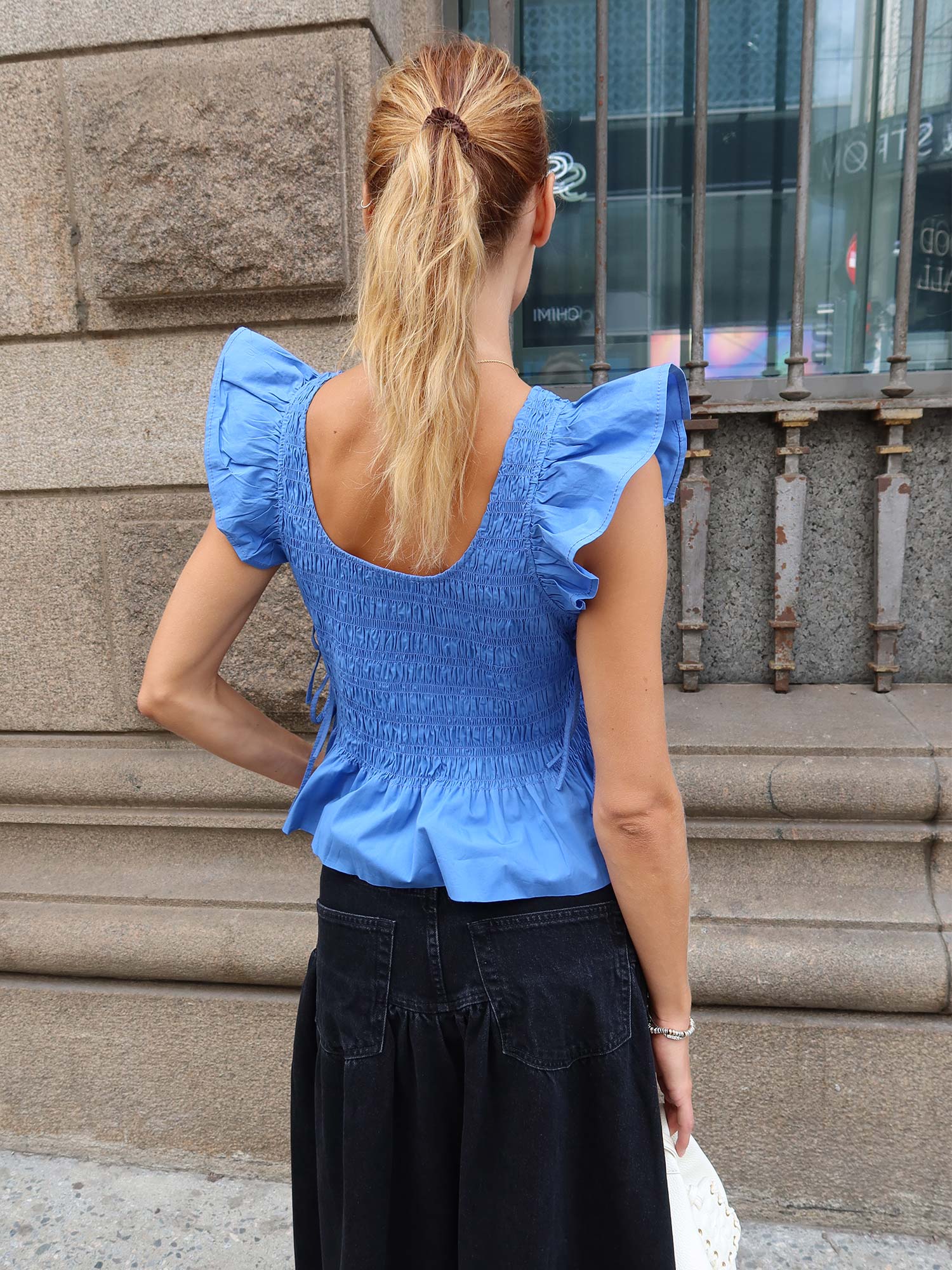 Stretch Cotton Angel Sleeve Smocked Top - Marina