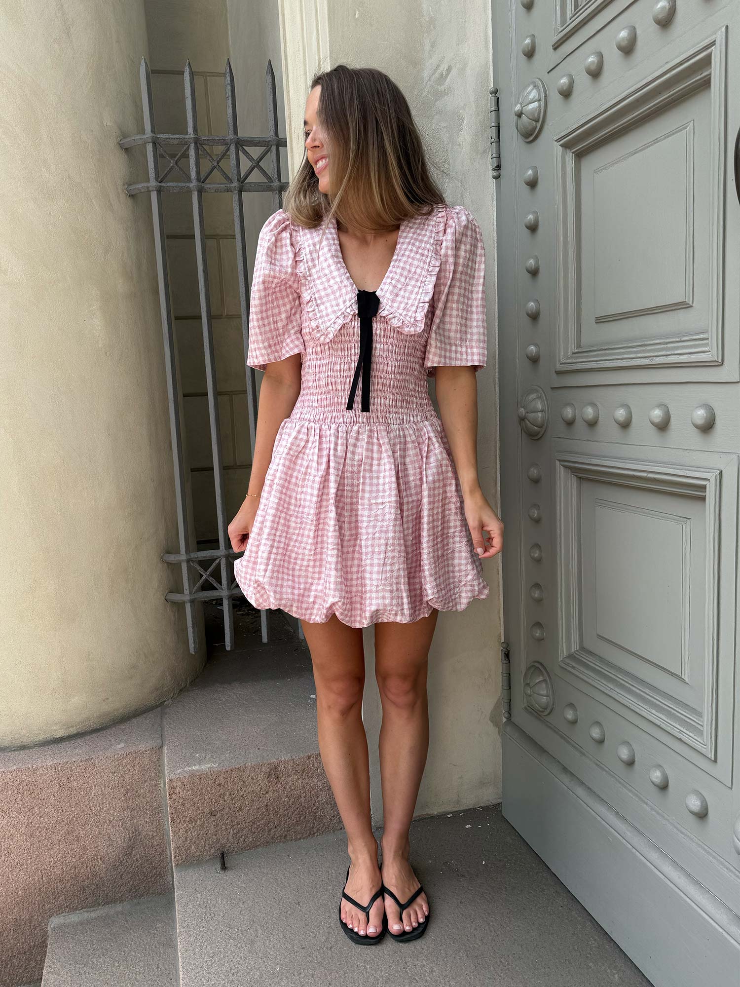 Shibori Pleat Mini Smock Bubble Dress - Bleached Mauve