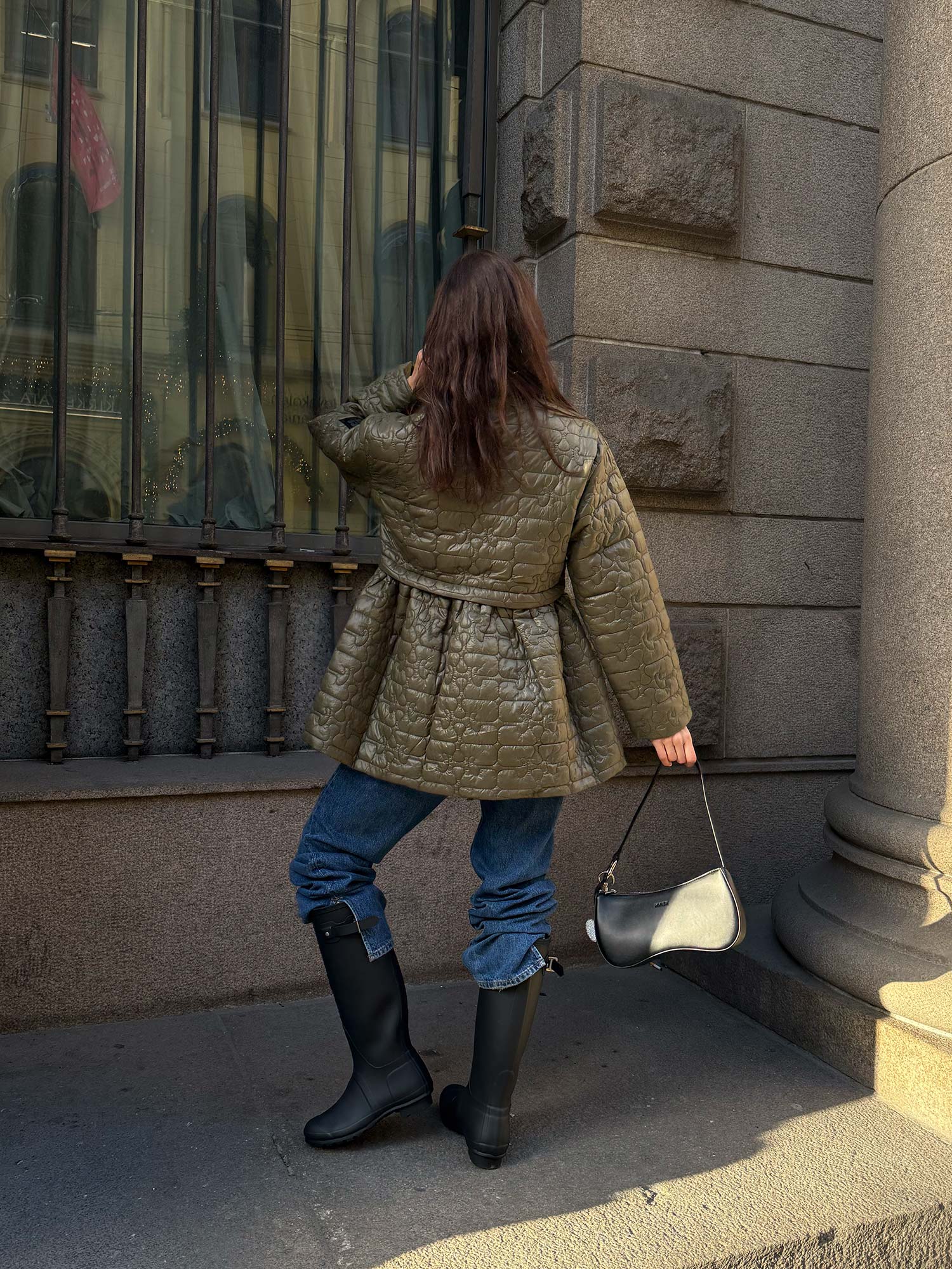 Shiny Quilt Midi Jacket w. Flare - Kalamata