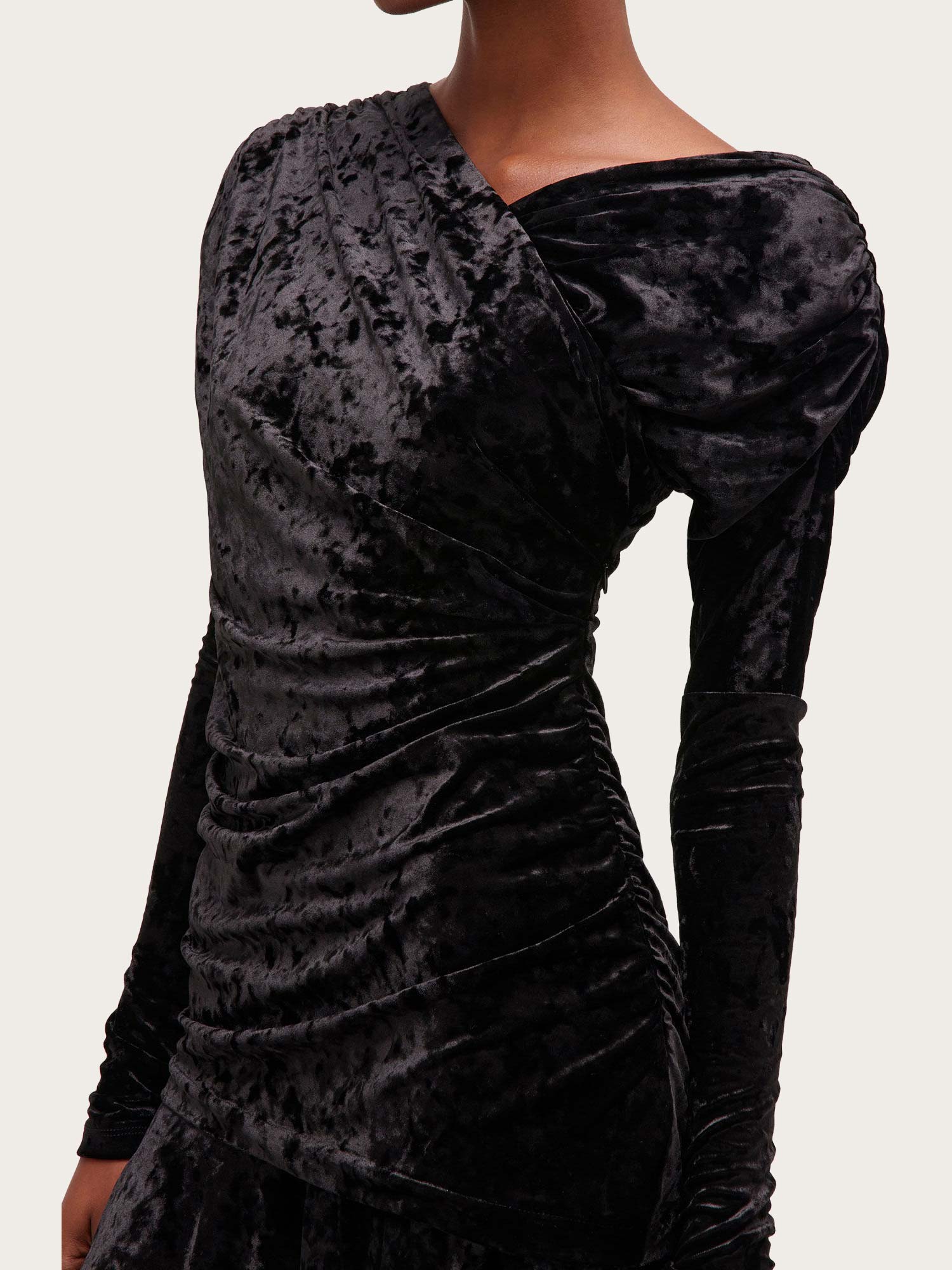 Velour Jersey Crossover Ruched Mini Dress - Black