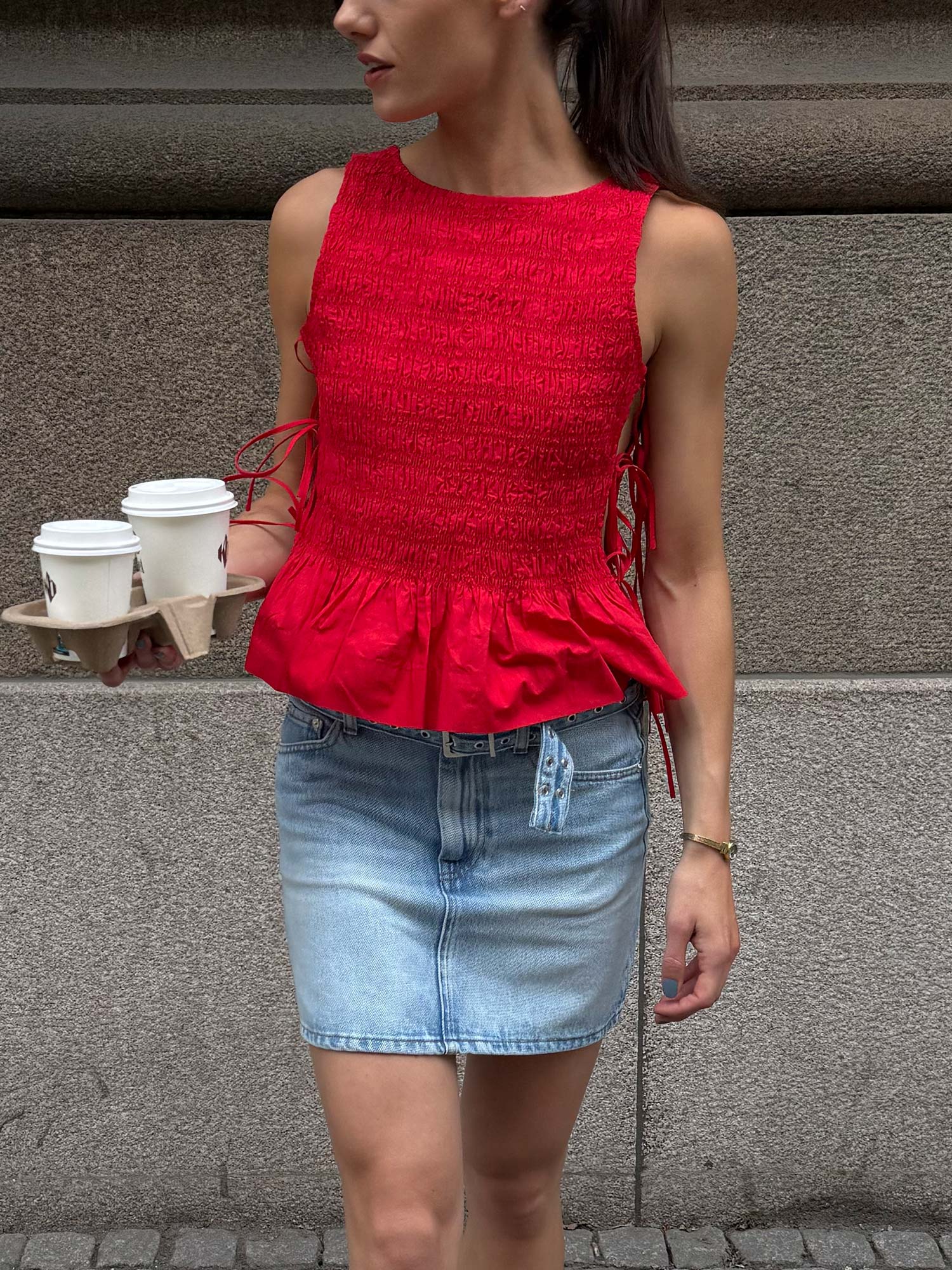 W0904 Cotton Poplin Smock Tie String Top - Racing Red