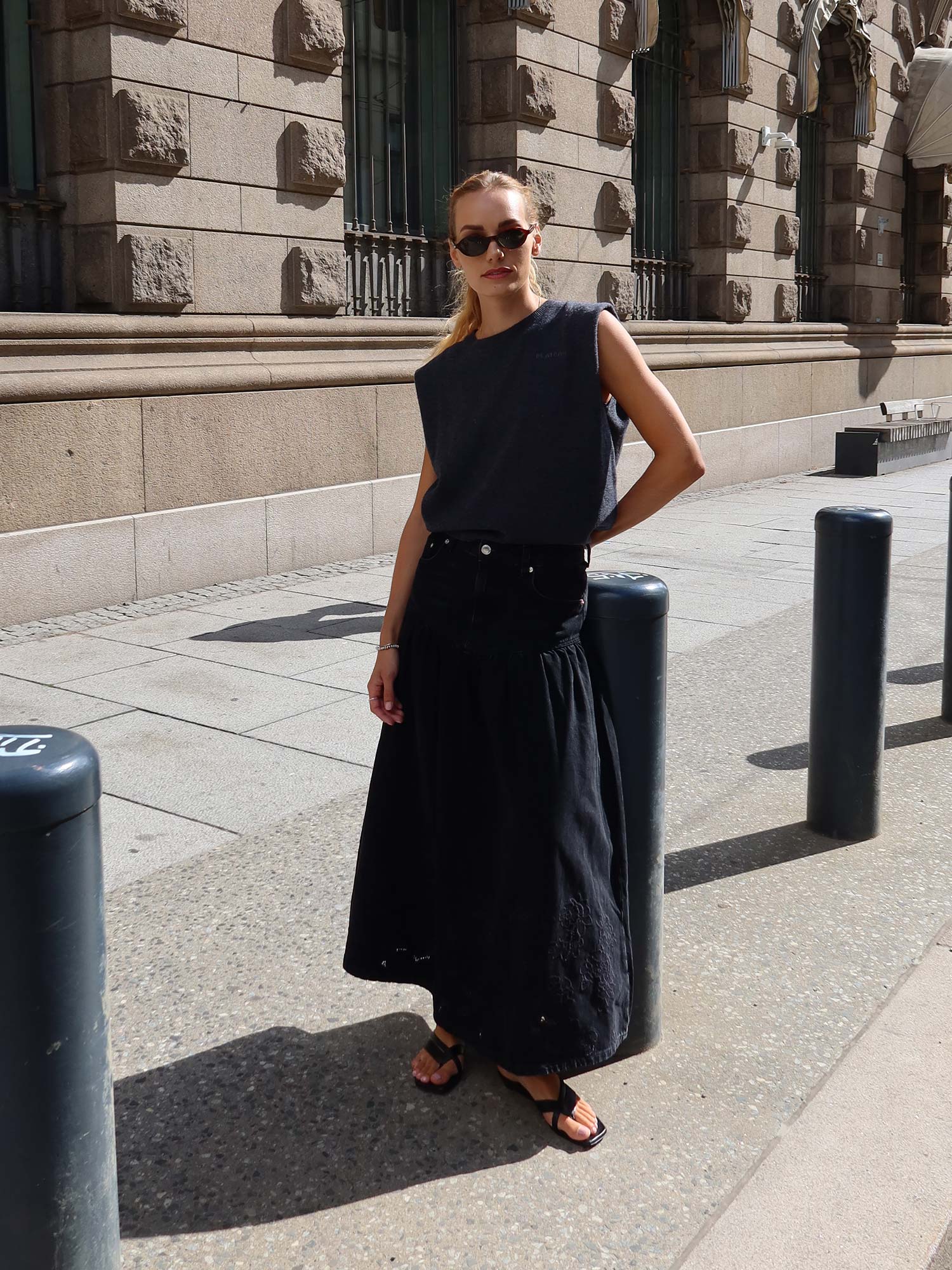 Broderie Anglaise Denim Midi Skirt - Black Washed