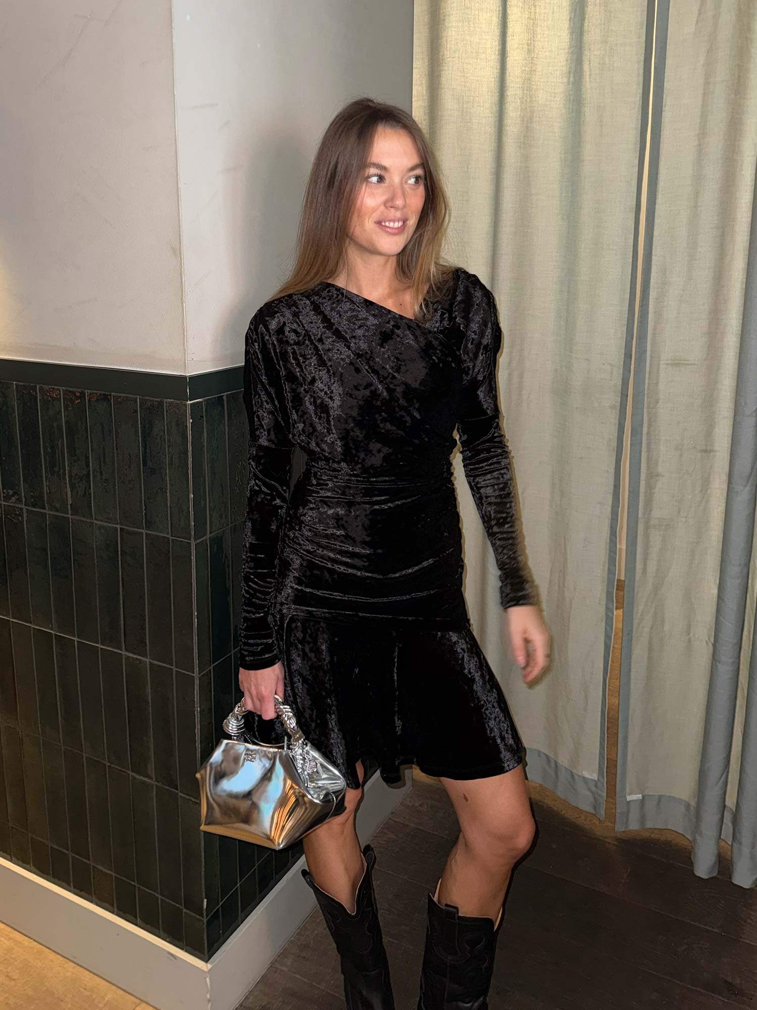 Velour Jersey Crossover Ruched Mini Dress - Black