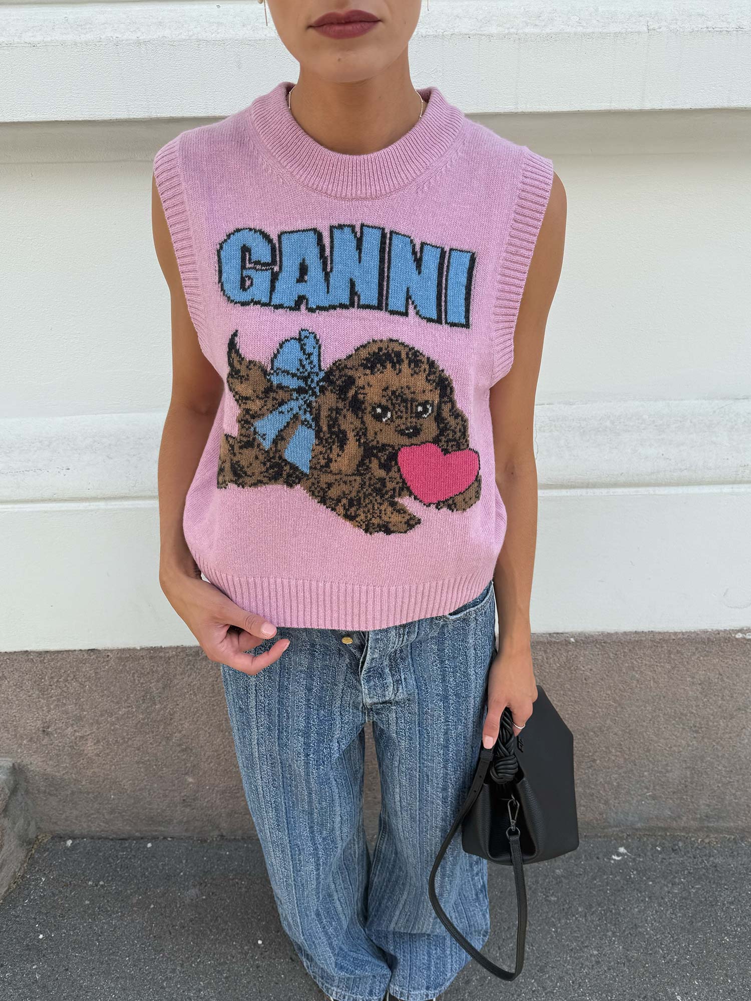 Graphic Wool Mix Pink Puppy Love Vest - Chalk Pink