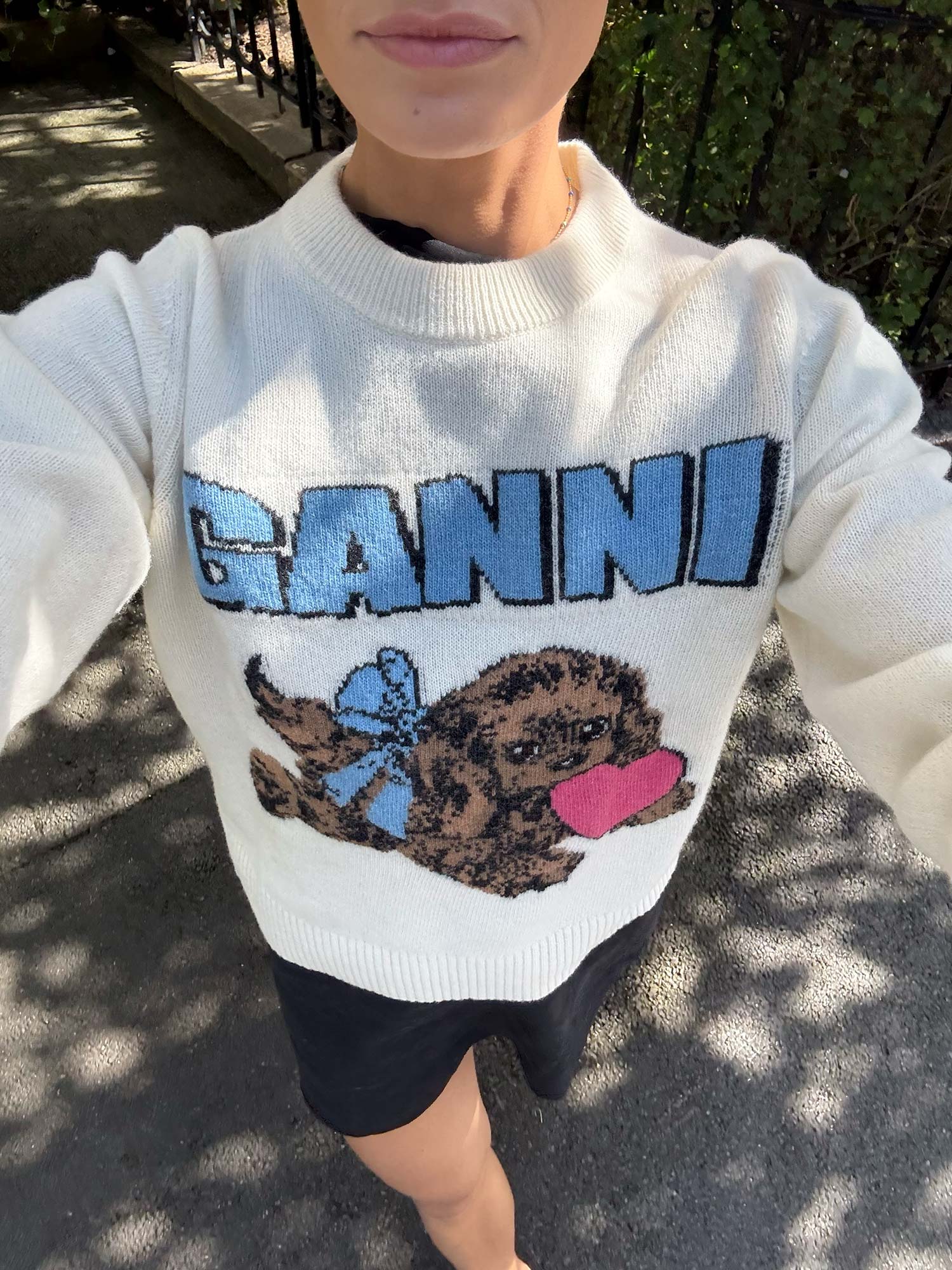 Graphic Wool Mix Fluffy Puppy Love Crewneck - Egret