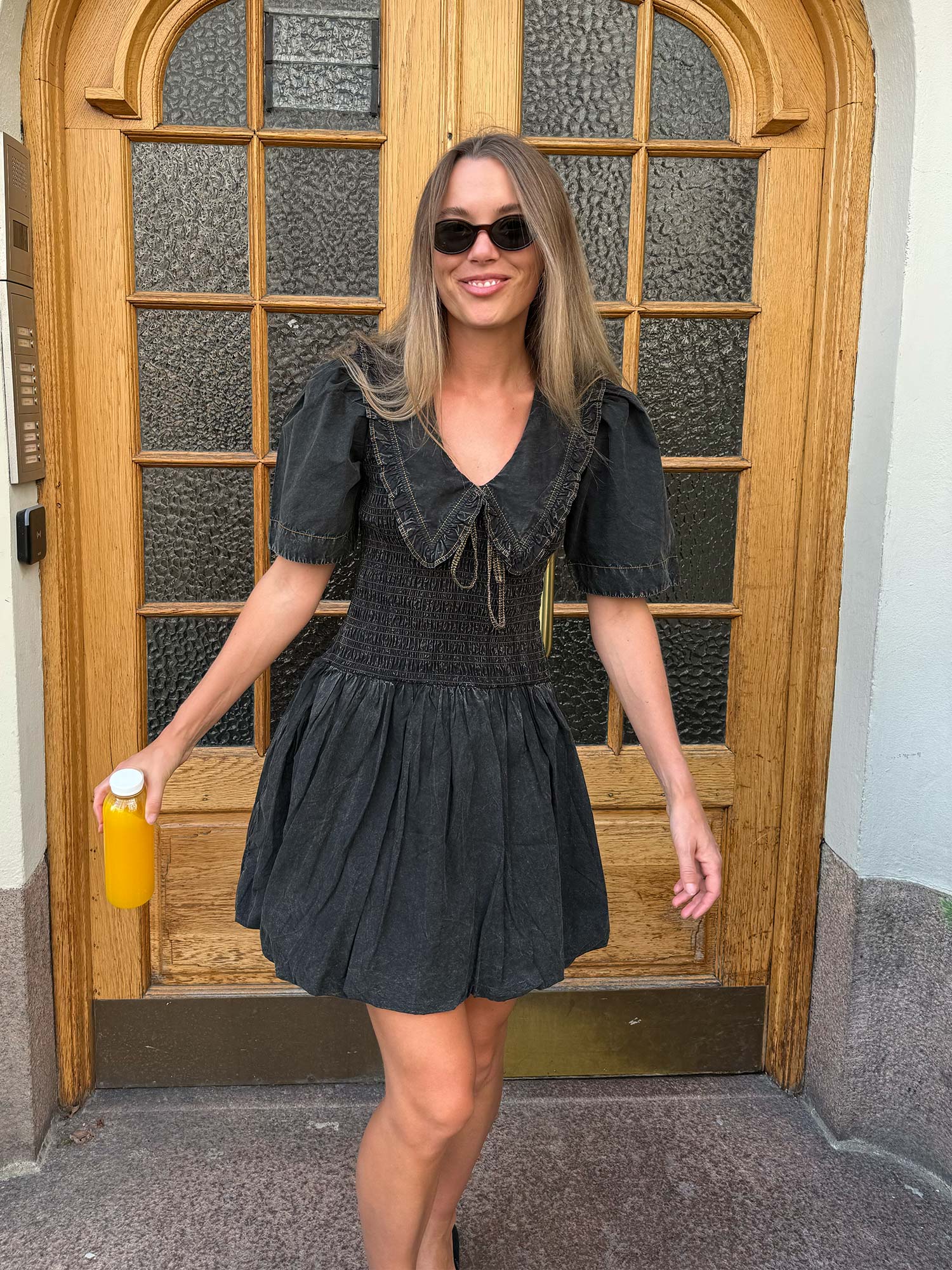 Garment Dyed Cotton Mini Smock Bubble Dress - Black