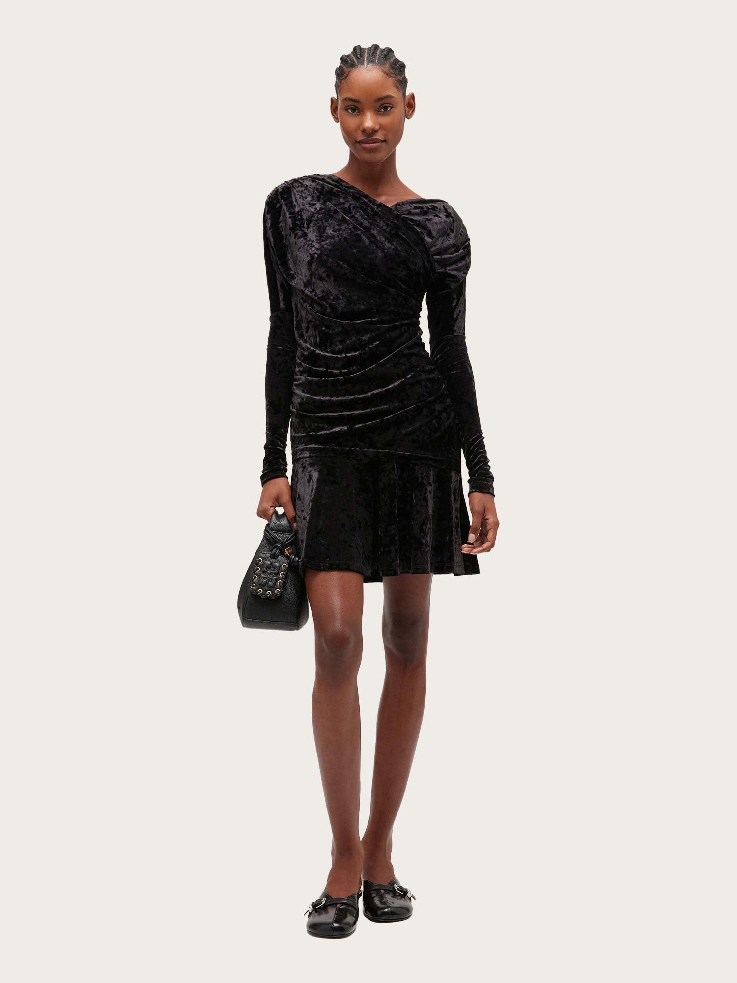 Velour Jersey Crossover Ruched Mini Dress - Black