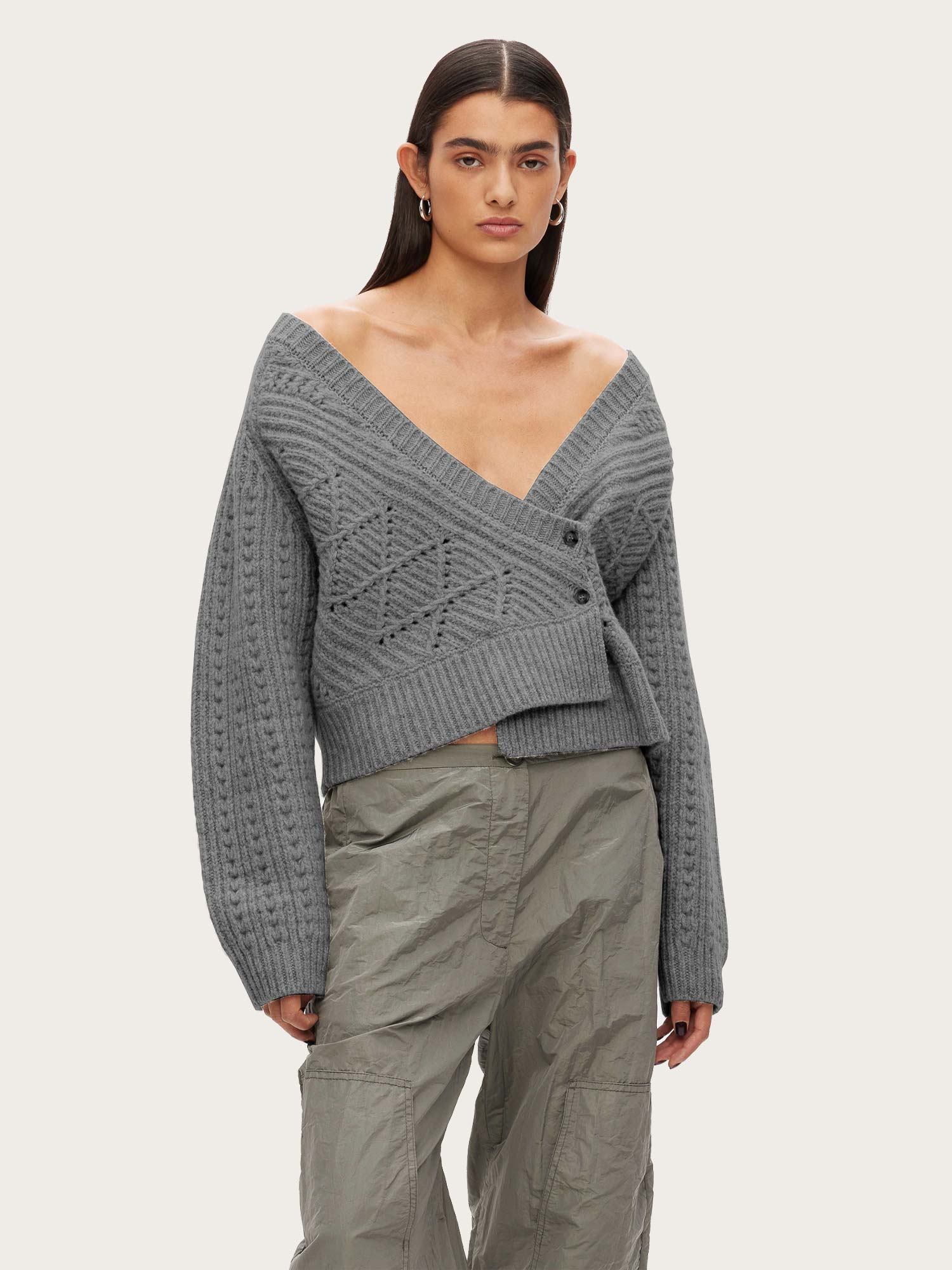Knitted Cable Patchwork Cardigan - Grey Melange