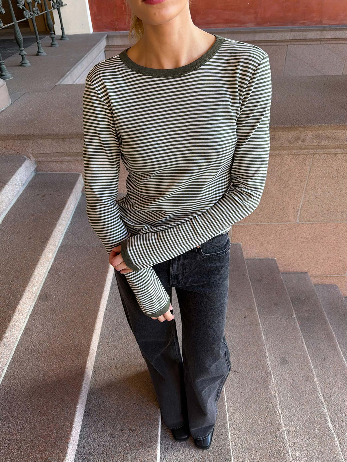 Grace Jersey Stripe Camille Tee LS - White/Tarmac