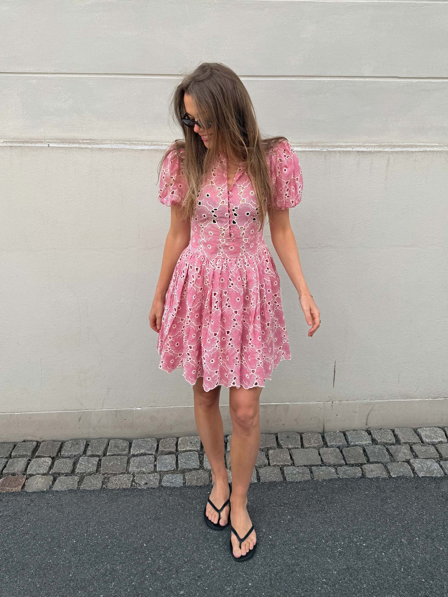 Borderie Anglaise Puffed Dress - Rose Pink