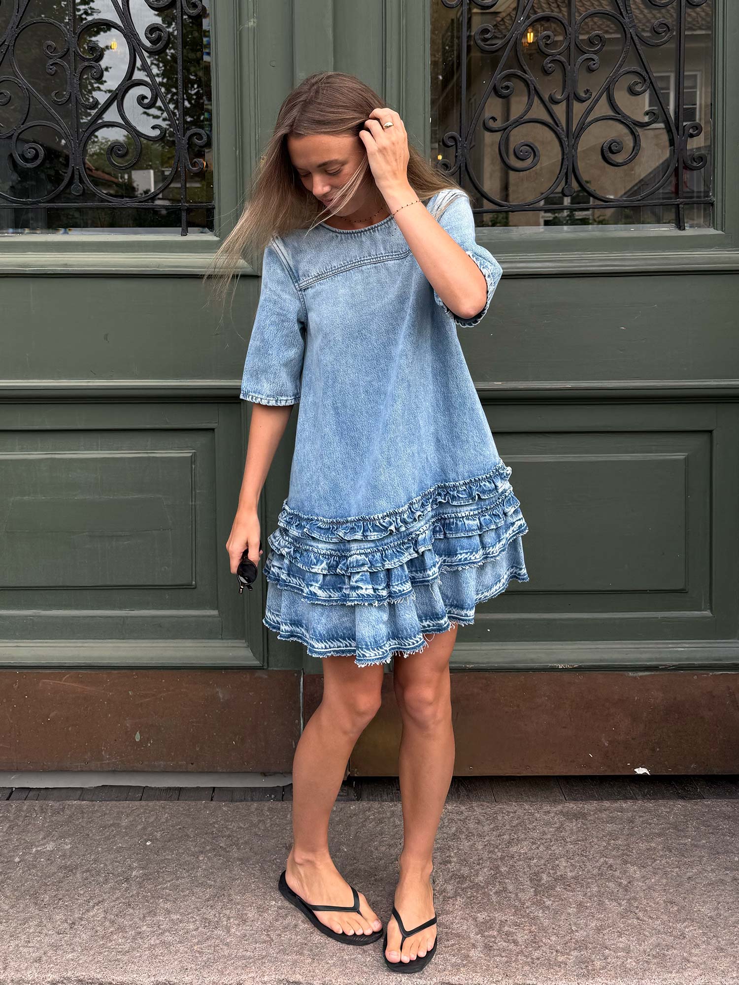 Soft Rigid Denim Open Back Frill Mini Dress - Light Blue Stone