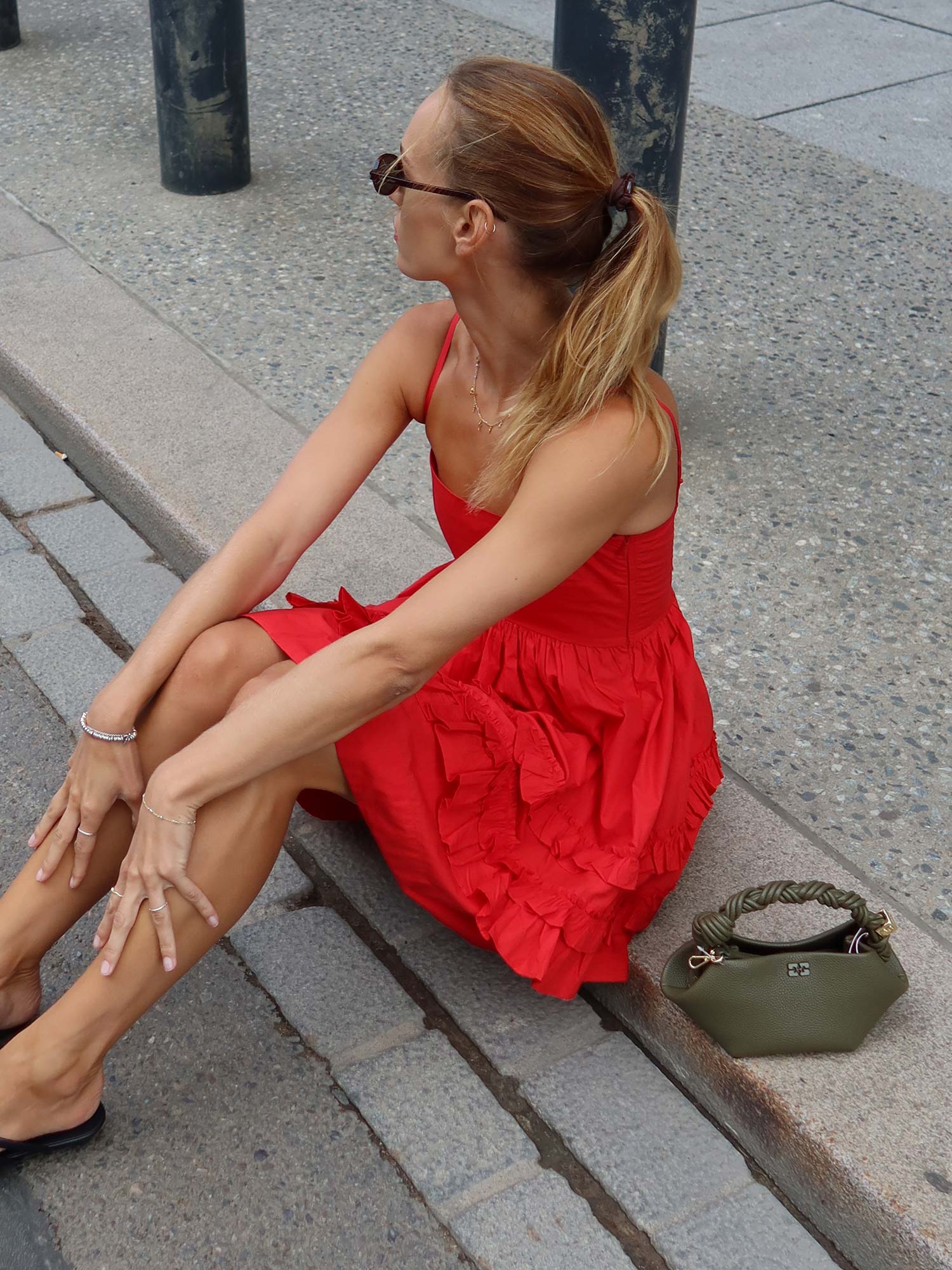 Cotton Poplin Mini Strap Frill Dress - Racing Red