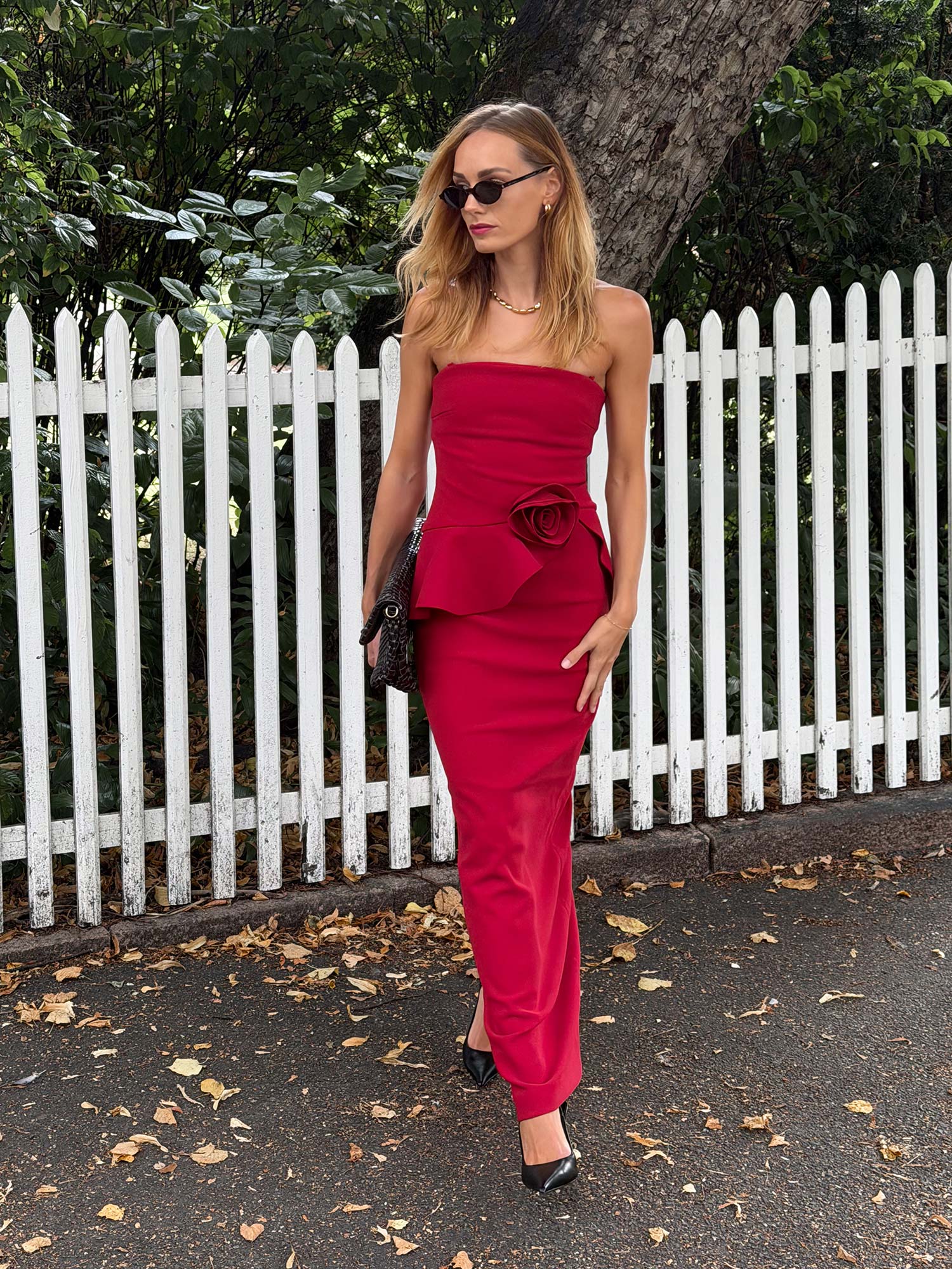 Long Flower Strapless Dress - Scooter red