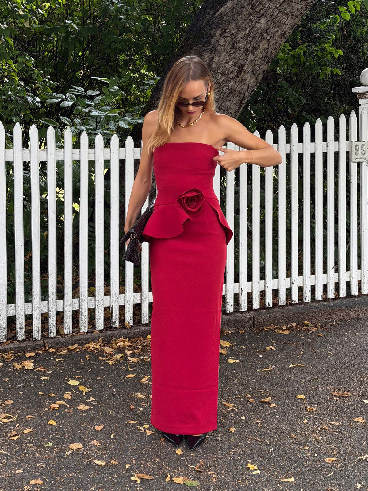 Long Flower Strapless Dress - Scooter red