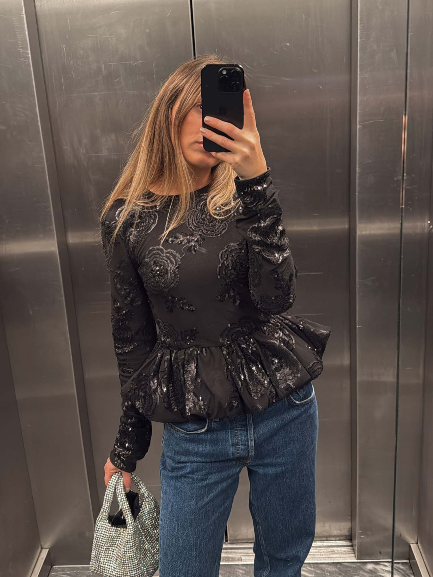 Sequins LS Bubble Top - Black