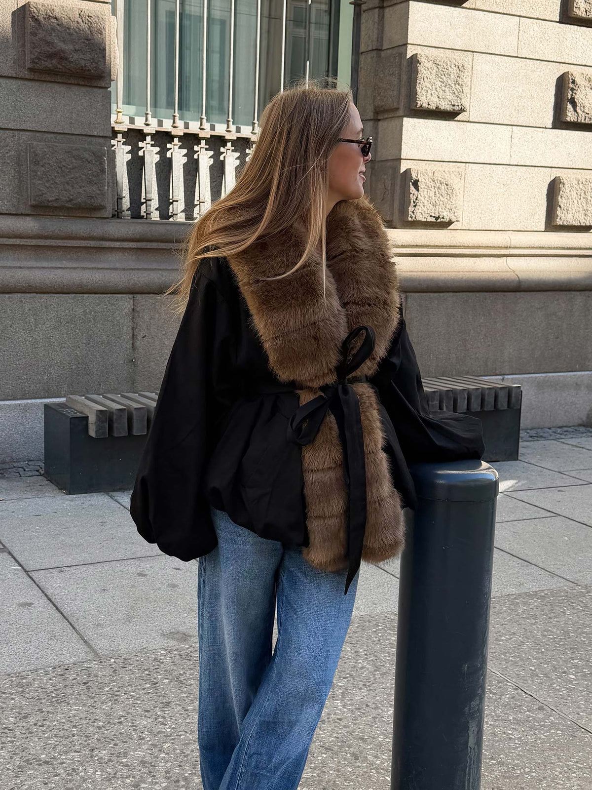 Faux Fur Collar Jacket - Black