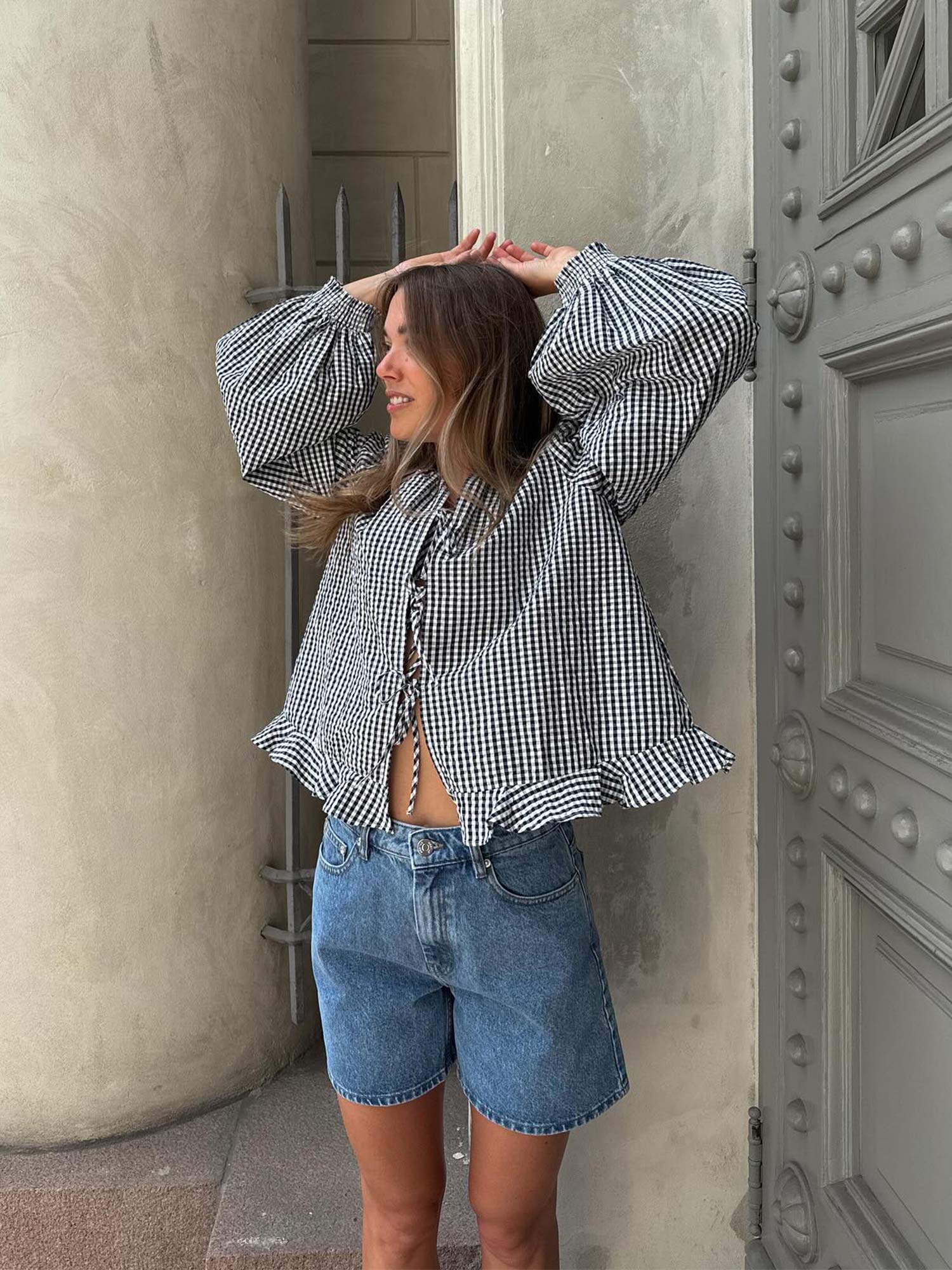 Seersucker Bow Blouse - Navy Checks