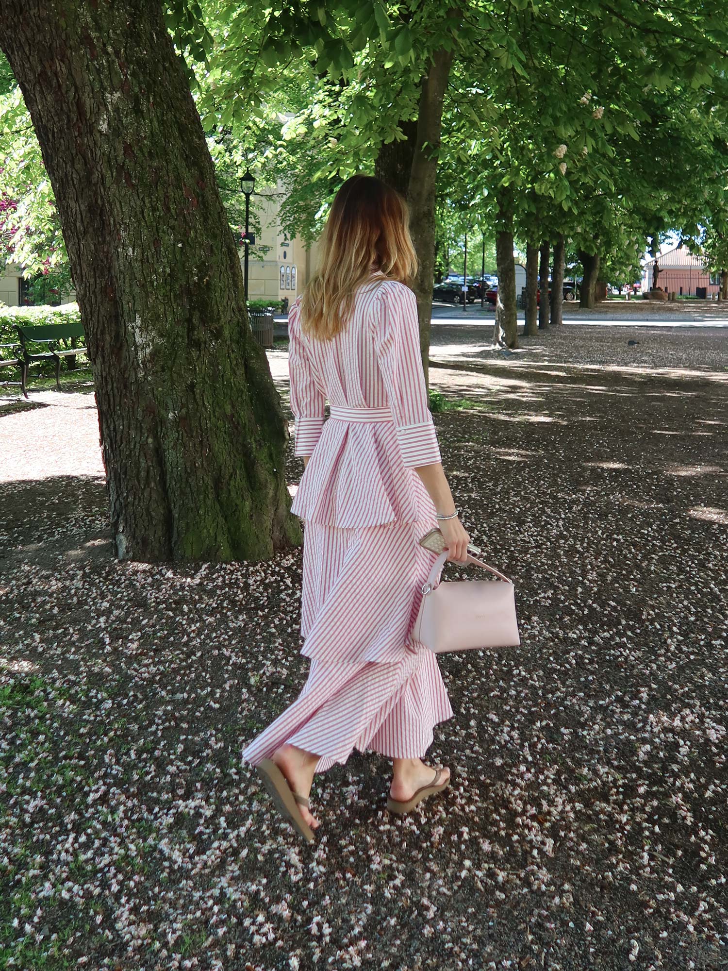 Seersucker Flounce Dress - Pink Stripe
