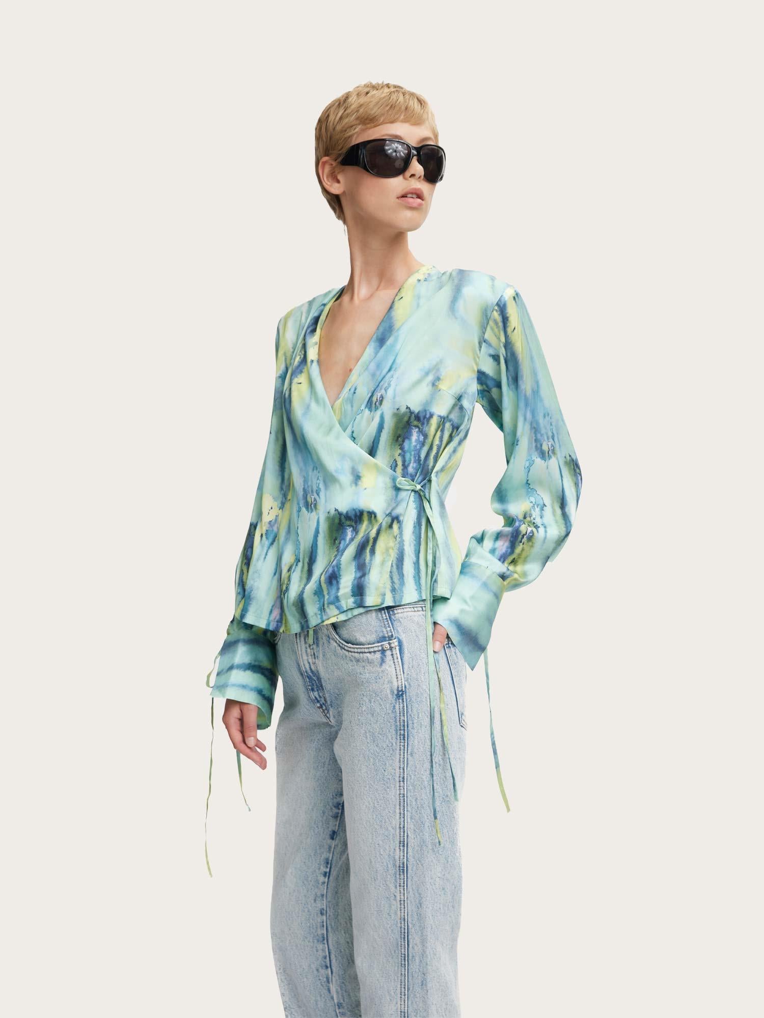 Walery Wrap Blouse - Green Aqua Art