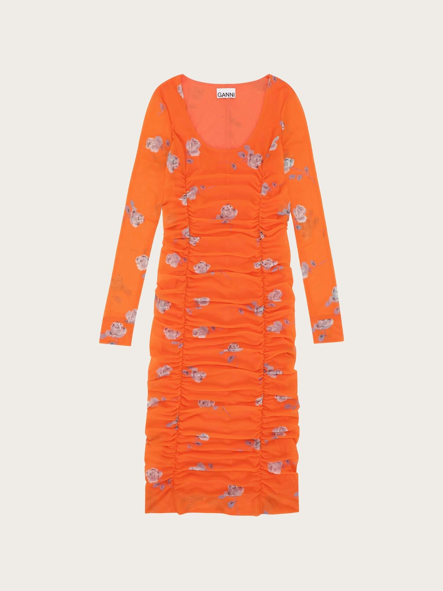 T3411 Printed Mesh U-neck Ruched Midi Dress - Orangeade