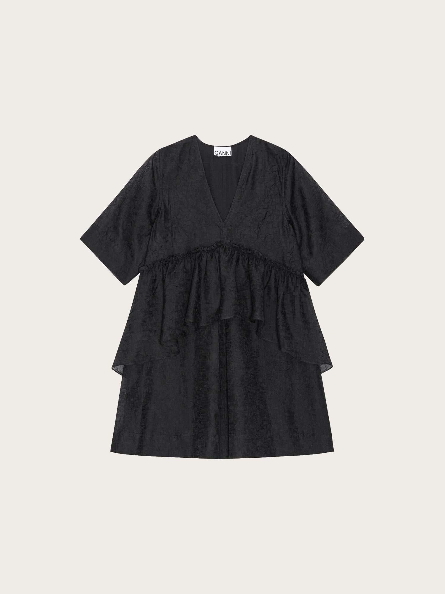 F8613 Crinckled Georgette Flounce Mini Dress - Black