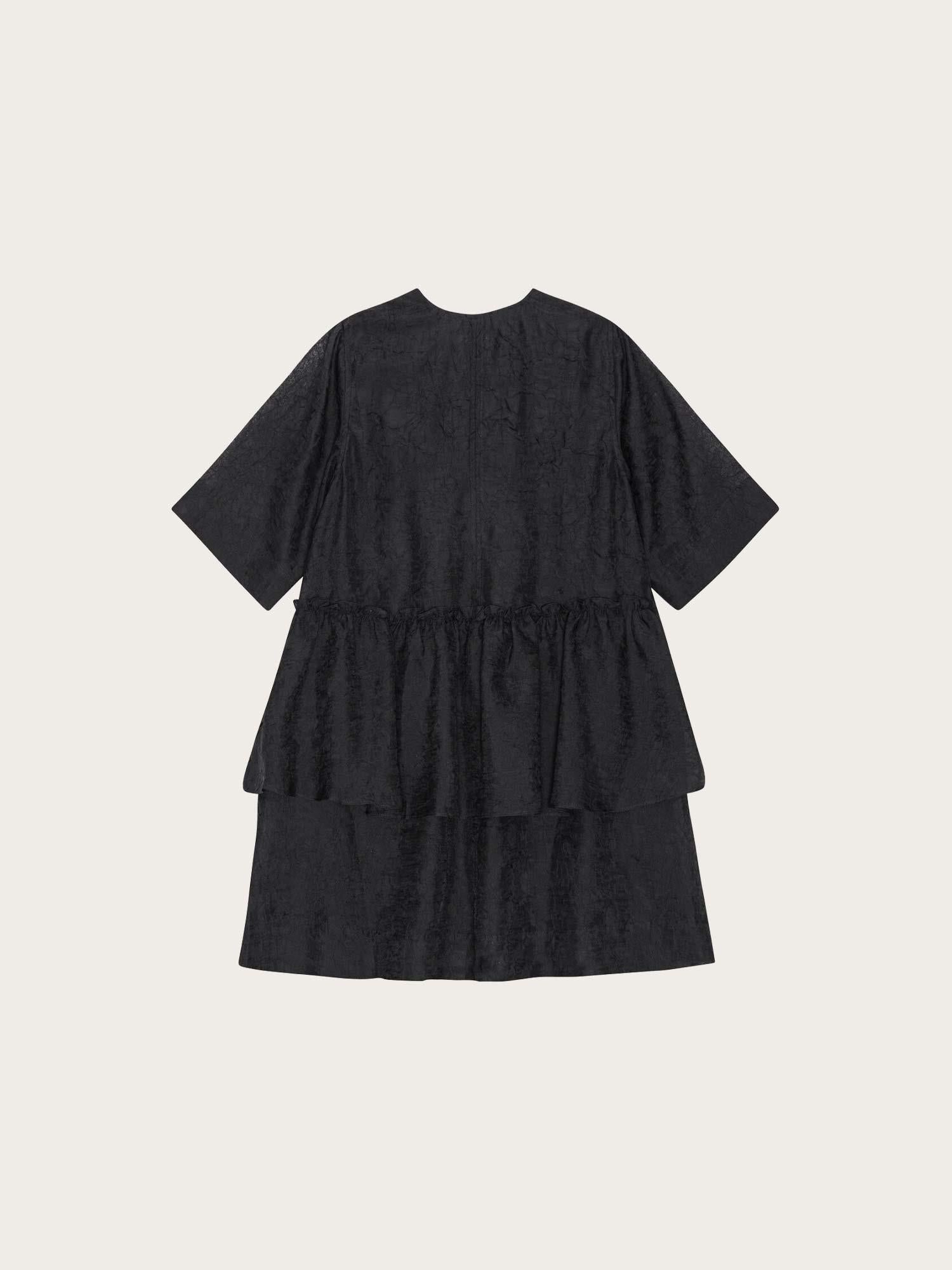 F8613 Crinckled Georgette Flounce Mini Dress - Black