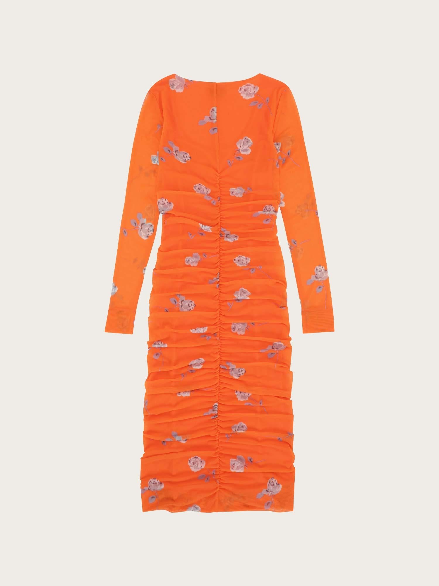 T3411 Printed Mesh U-neck Ruched Midi Dress - Orangeade