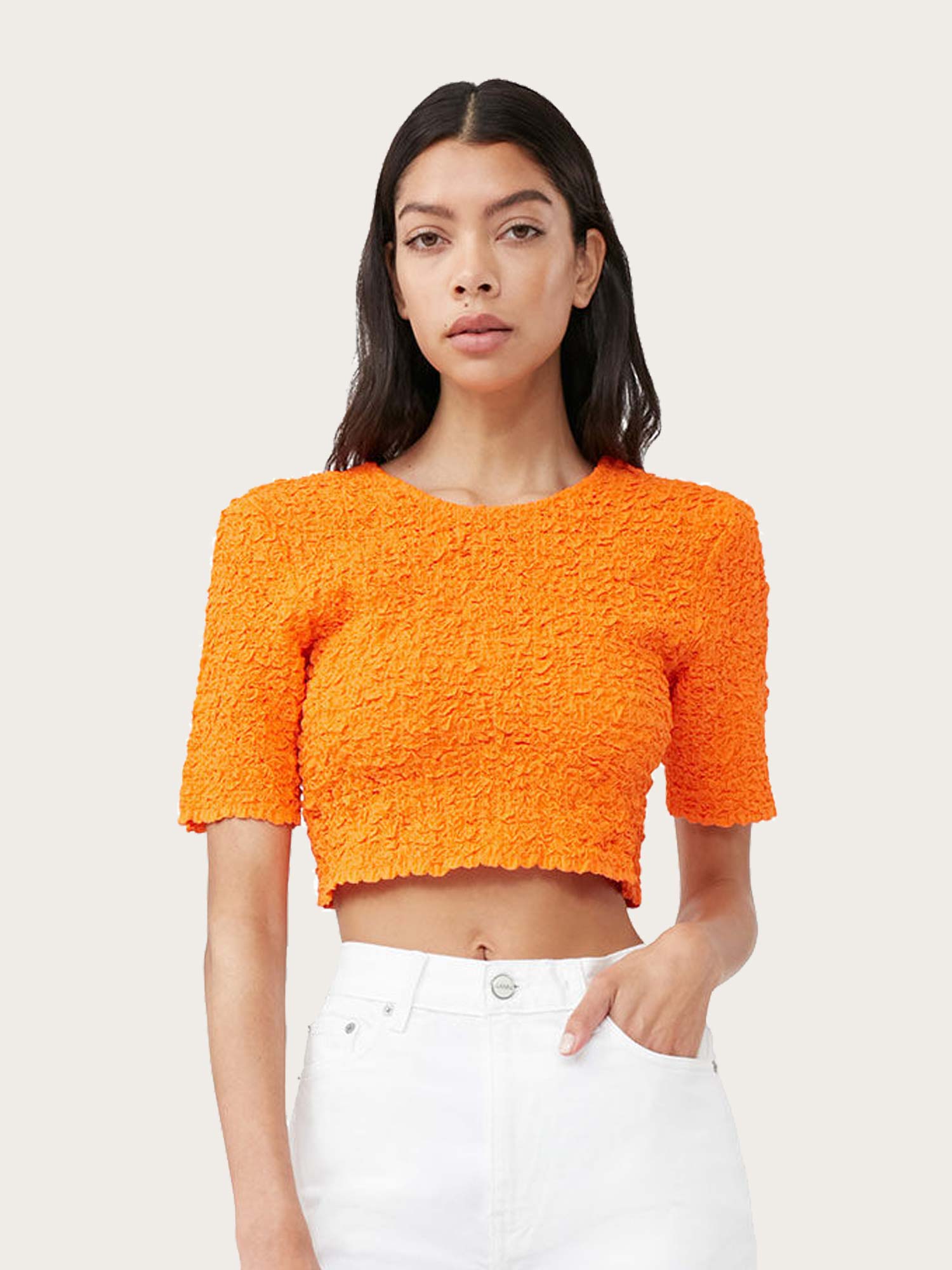 F7708 Cotton Poplin O-Neck Cropped Smock Top - Vibrant Orange