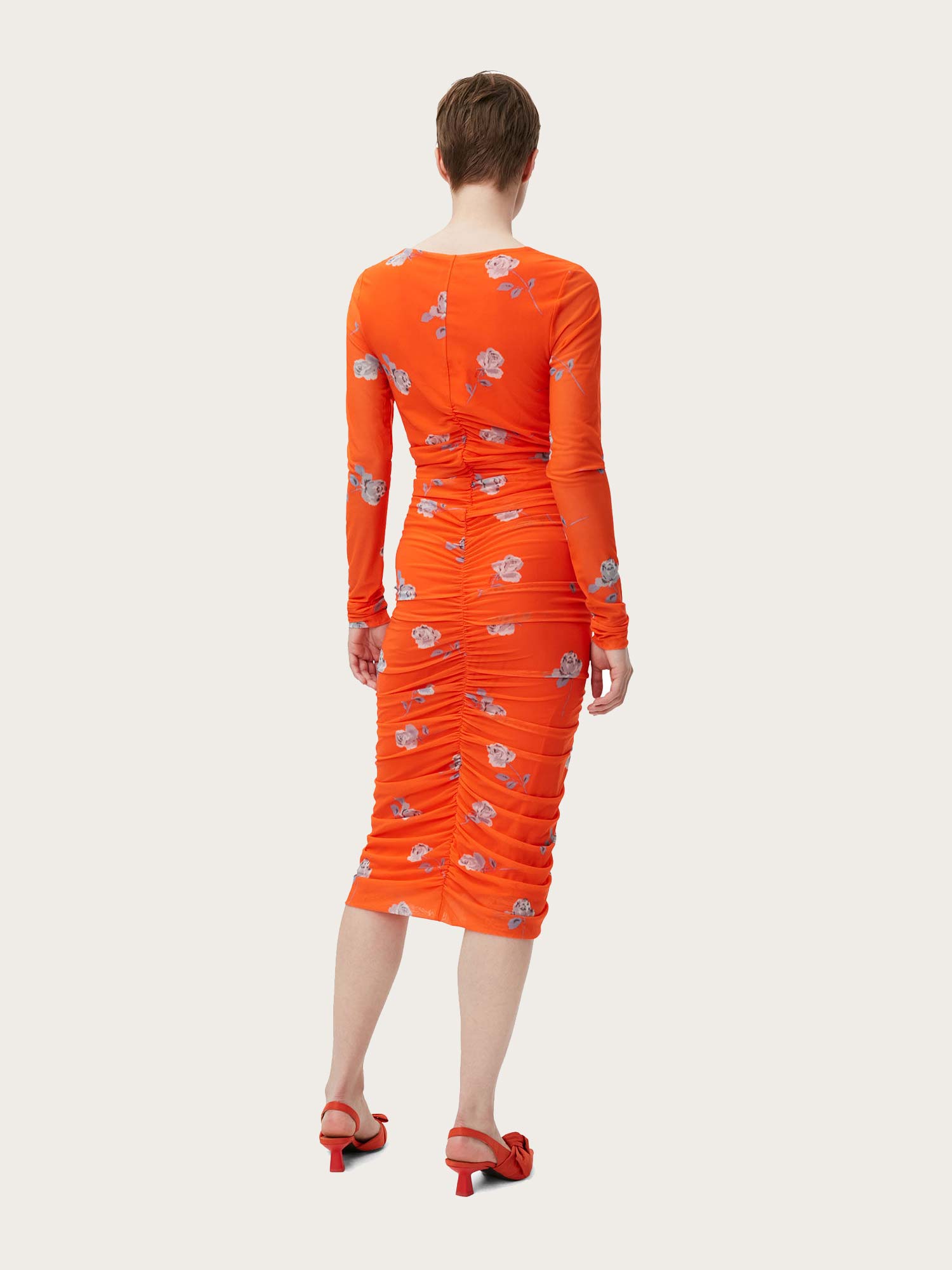 T3411 Printed Mesh U-neck Ruched Midi Dress - Orangeade