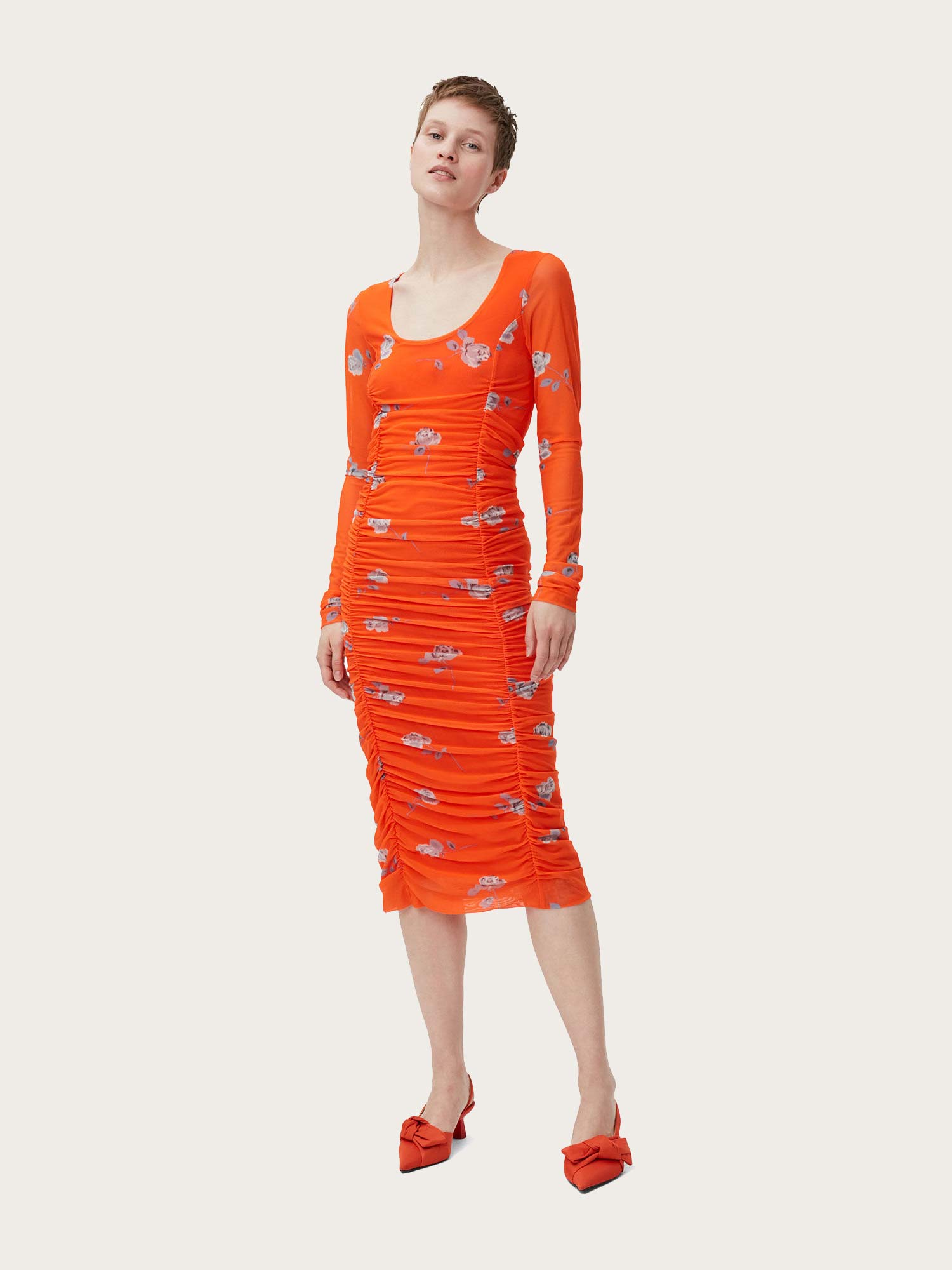 T3411 Printed Mesh U-neck Ruched Midi Dress - Orangeade